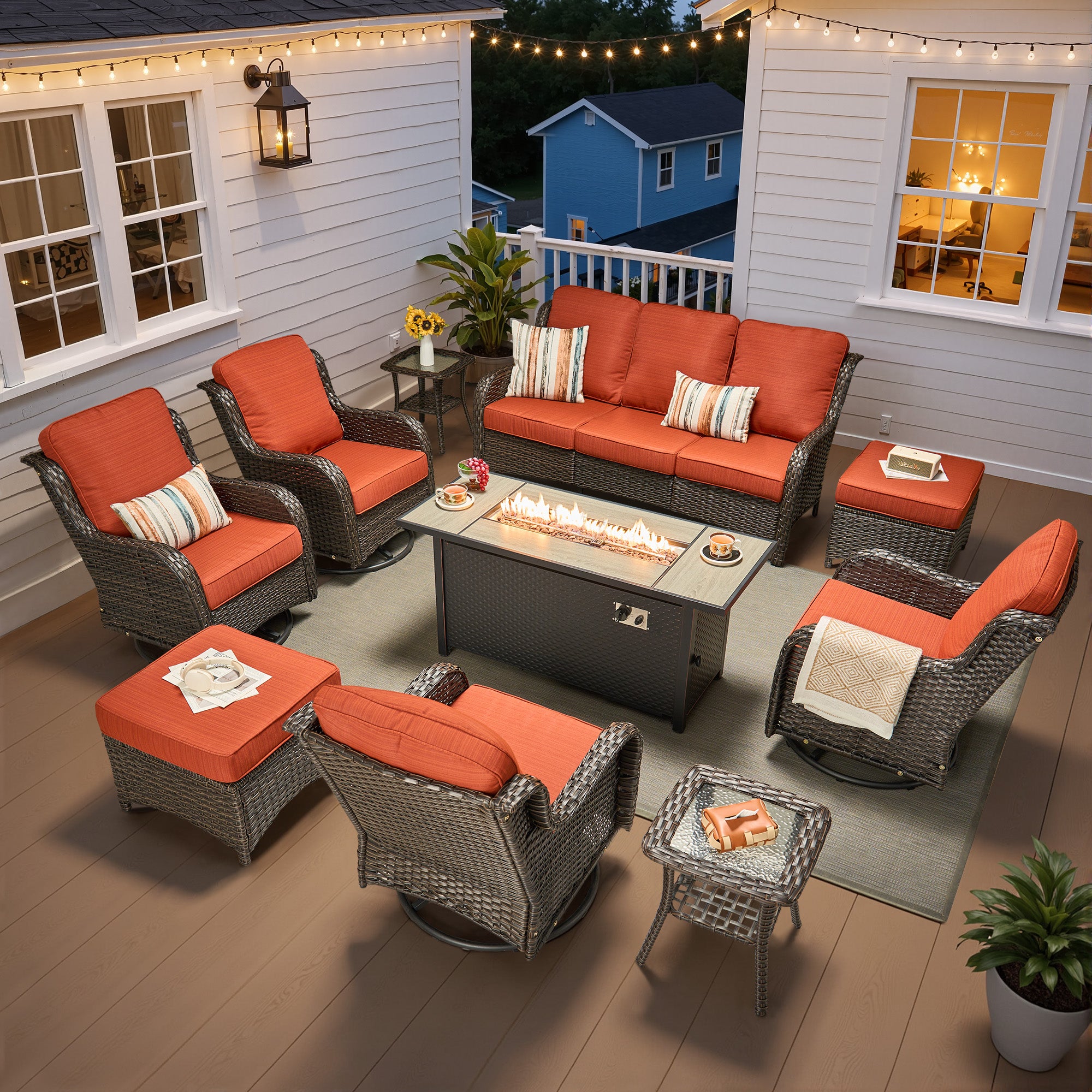 Ovios 5 Piece Outdoor Patio Furniture Set All-Weather Wicker Rattan Conversation Set with High Back Swivel Chairs & Propane Fire Pit Table, Denim Blue