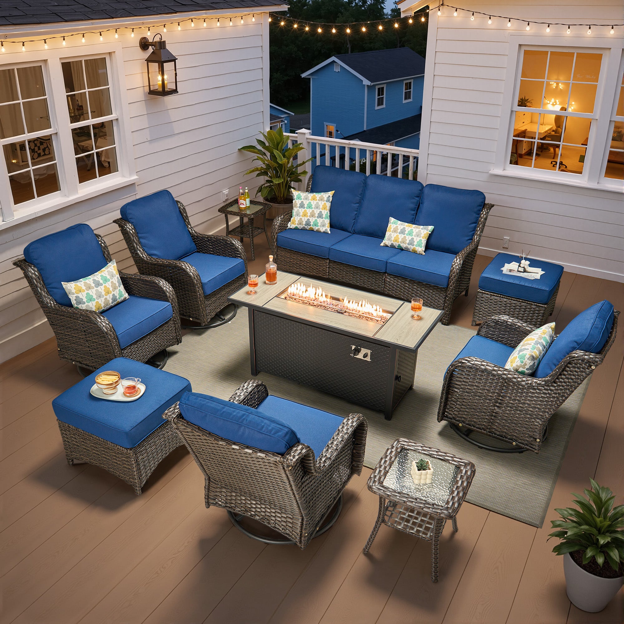 Ovios 5 Piece Outdoor Patio Furniture Set All-Weather Wicker Rattan Conversation Set with High Back Swivel Chairs & Propane Fire Pit Table, Denim Blue