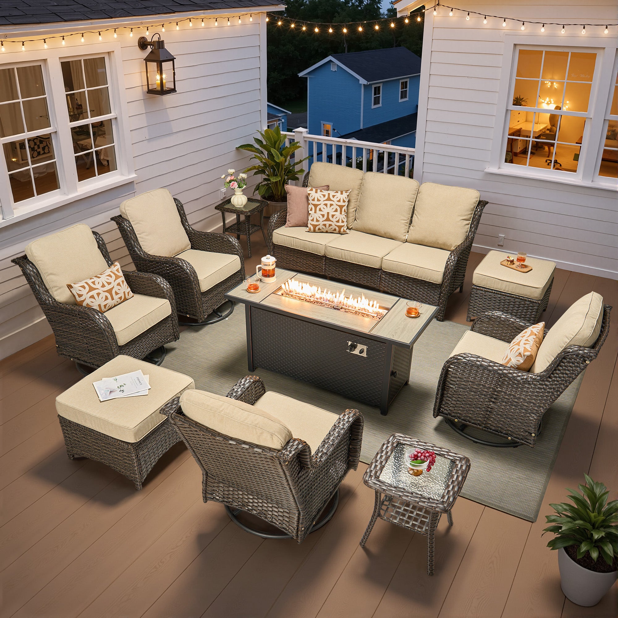 Ovios 5 Piece Outdoor Patio Furniture Set All-Weather Wicker Rattan Conversation Set with High Back Swivel Chairs & Propane Fire Pit Table, Denim Blue