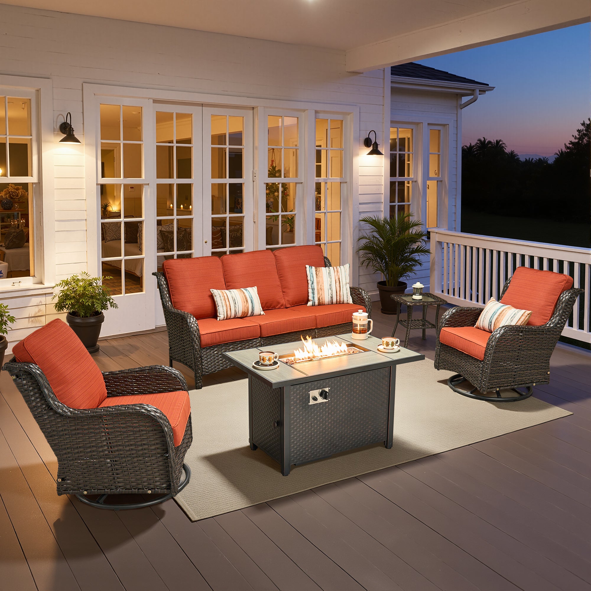 Ovios 5 Piece Outdoor Patio Furniture Set All-Weather Wicker Rattan Conversation Set with High Back Swivel Chairs & Propane Fire Pit Table, Denim Blue