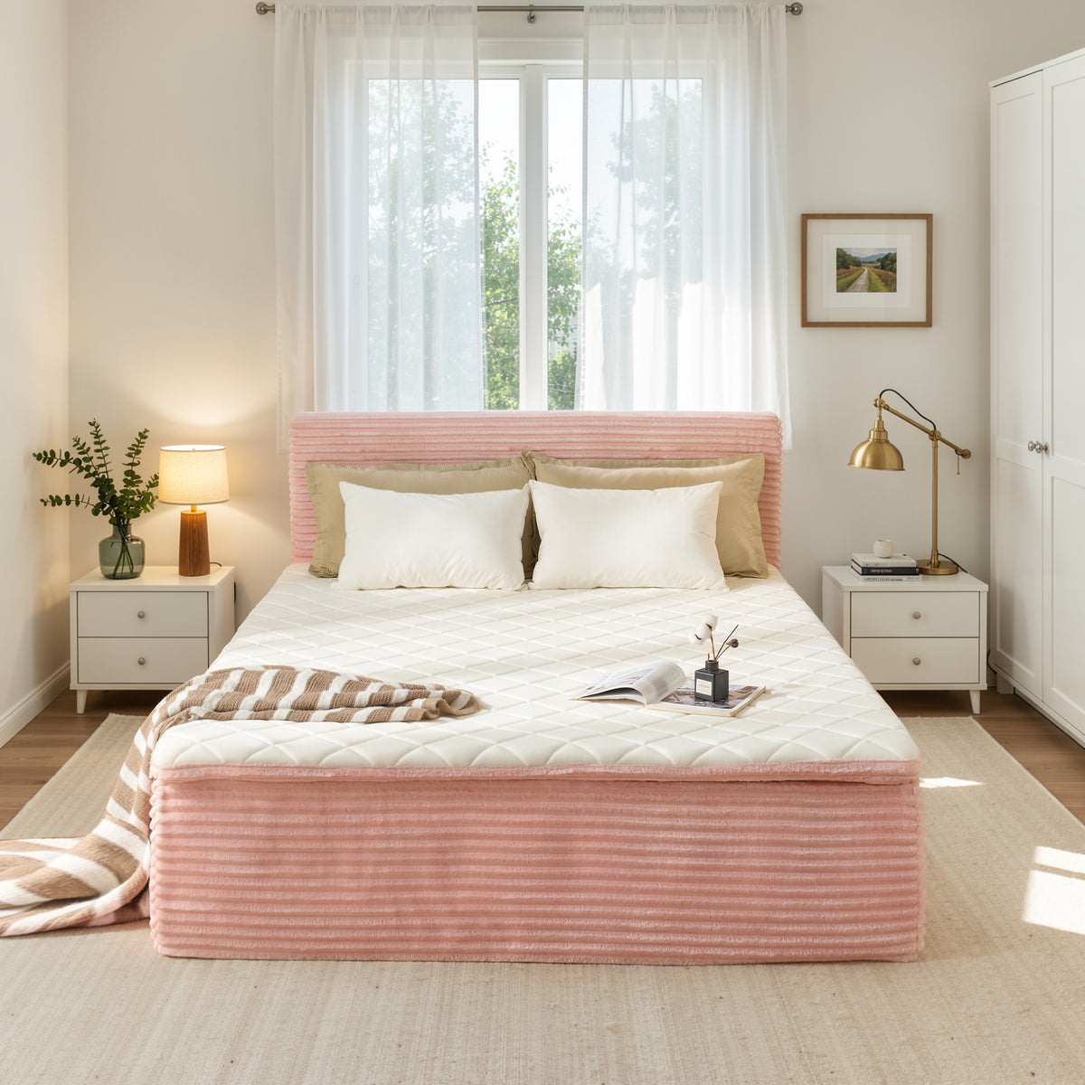 Ovios Boneless Bed 16.7" Medium Firm Plush Corduroy Cloud Upholstered Bed with Mattress, No Assembly