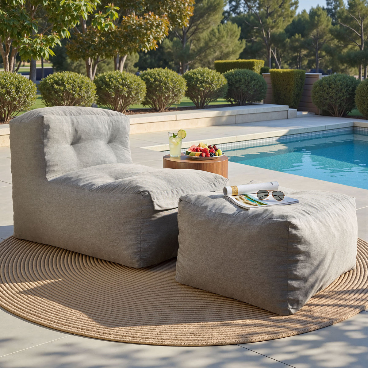 Ovios 2-Piece Outdoor Chaise Lounge Chair with Ottoman, 57"L Patio Bean Bag Chair for Pool Balcony Deck