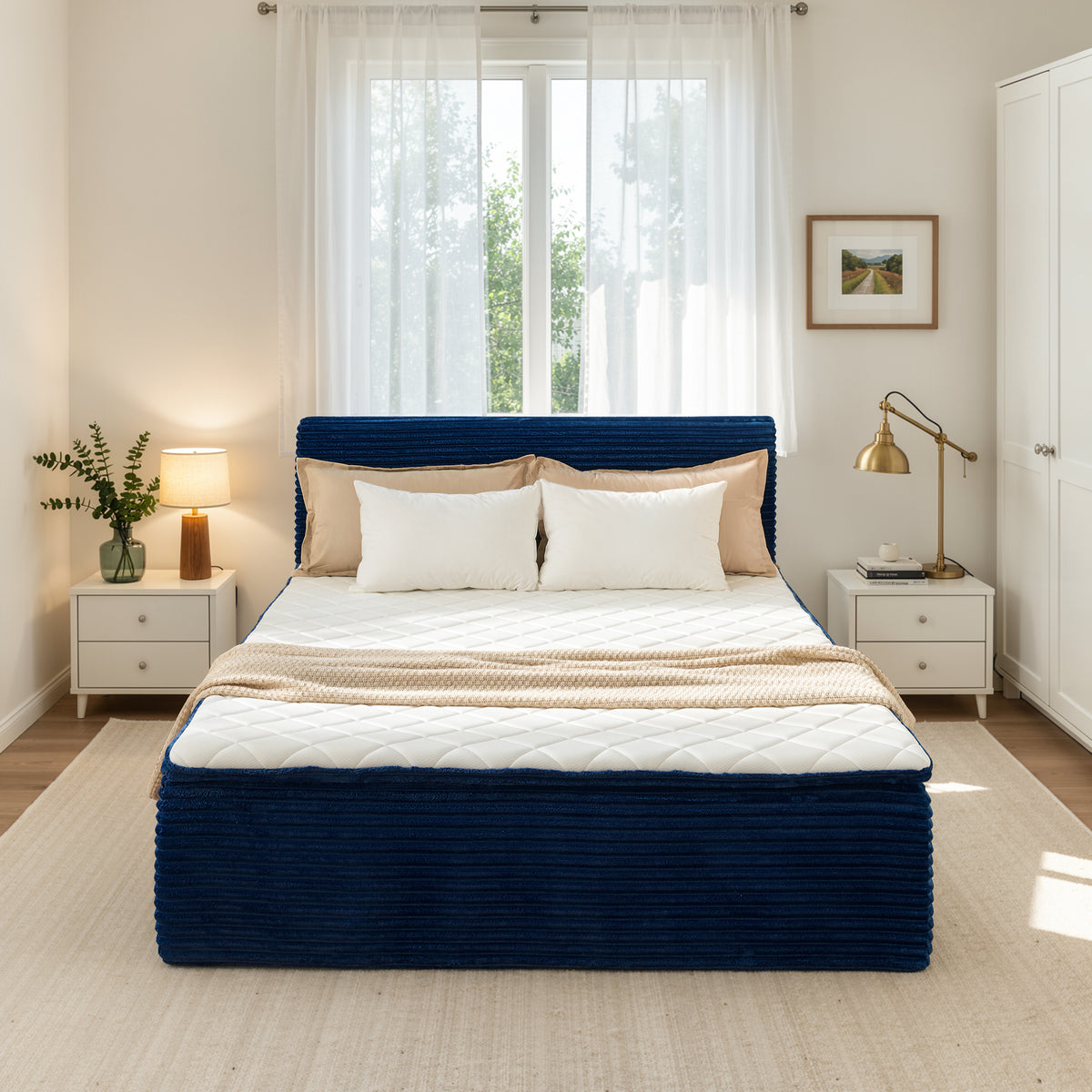 Ovios Boneless Bed 16.7" Medium Firm Plush Corduroy Cloud Upholstered Bed with Mattress, No Assembly