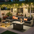 Ovios 7 Pieces Patio Furniture Conversation Set, Wicker Rattan Outdoor Sectional Sofa with Fire Pit Table and Smart Lighted Table