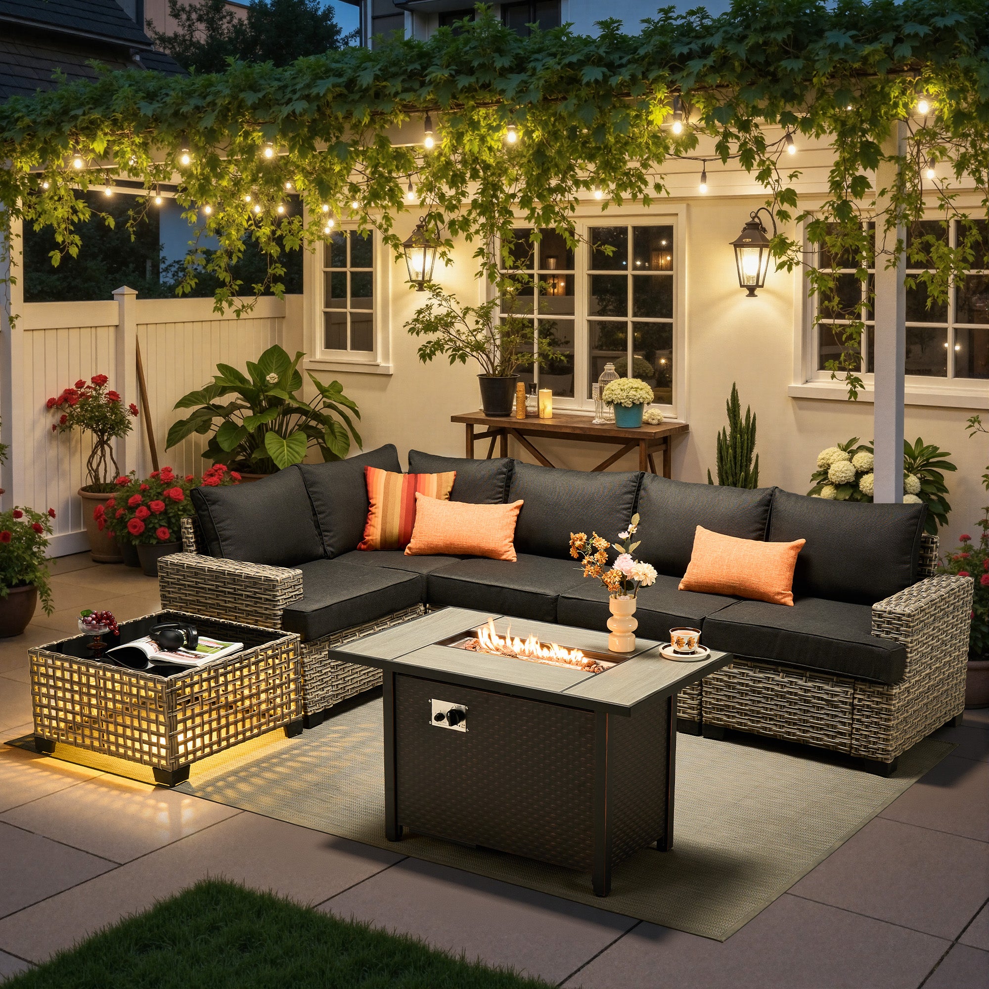 Ovios 7 Pieces Patio Furniture Conversation Set, Wicker Rattan Outdoor Sectional Sofa with Fire Pit Table and Smart Lighted Table