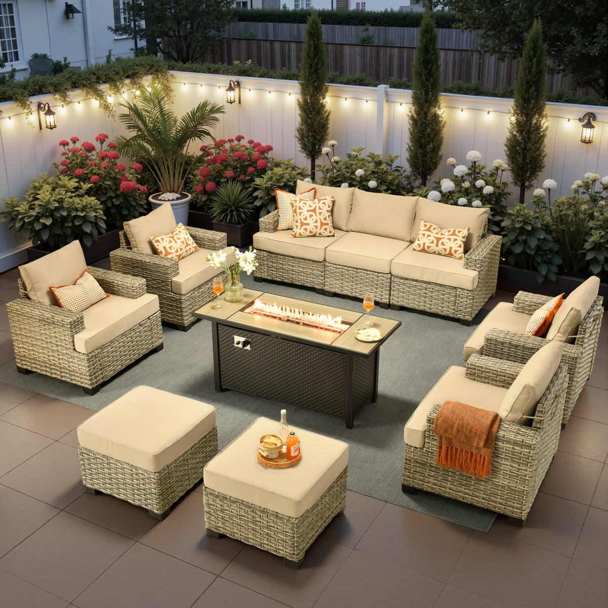 Ovios 10-Piece Outdoor Patio Furniture Set All-Weather Wicker Conversation Set with 54" Propane Fire Pit Table & Ottomans
