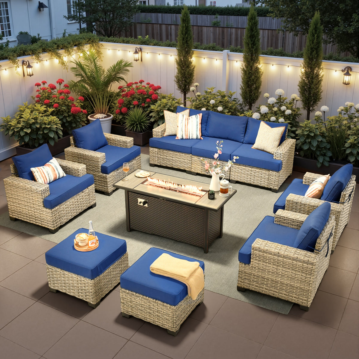 Ovios 10-Piece Outdoor Patio Furniture Set All-Weather Wicker Conversation Set with 54" Propane Fire Pit Table & Ottomans