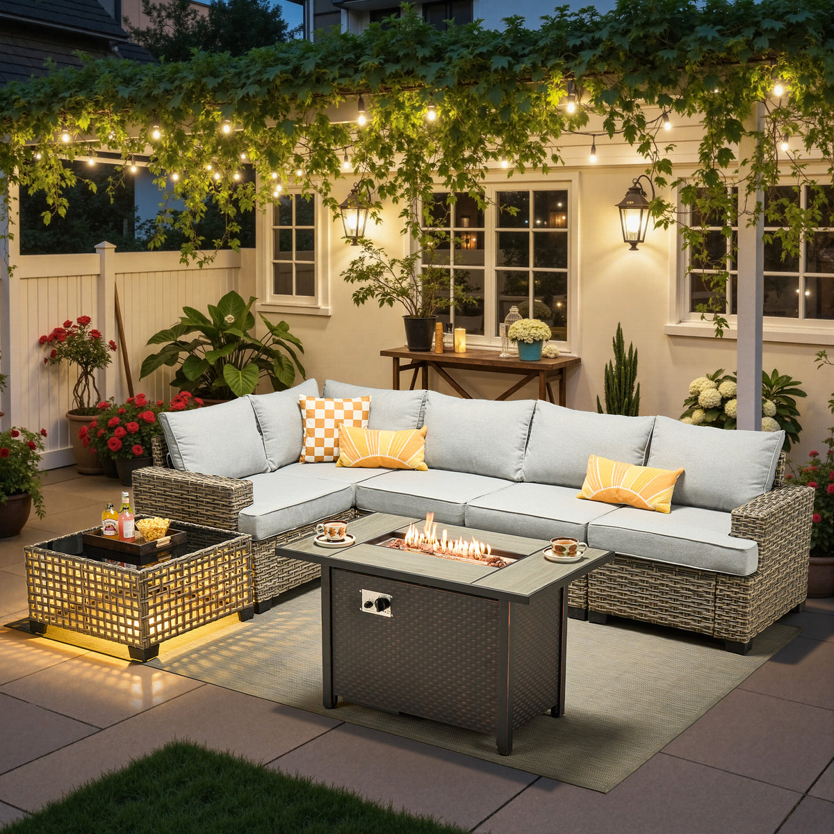 Ovios 7 Pieces Patio Furniture Conversation Set, Wicker Rattan Outdoor Sectional Sofa with Fire Pit Table and Smart Lighted Table