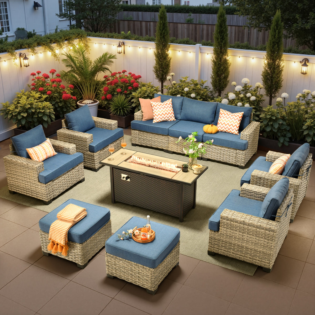 Ovios 10-Piece Outdoor Patio Furniture Set All-Weather Wicker Conversation Set with 54" Propane Fire Pit Table & Ottomans