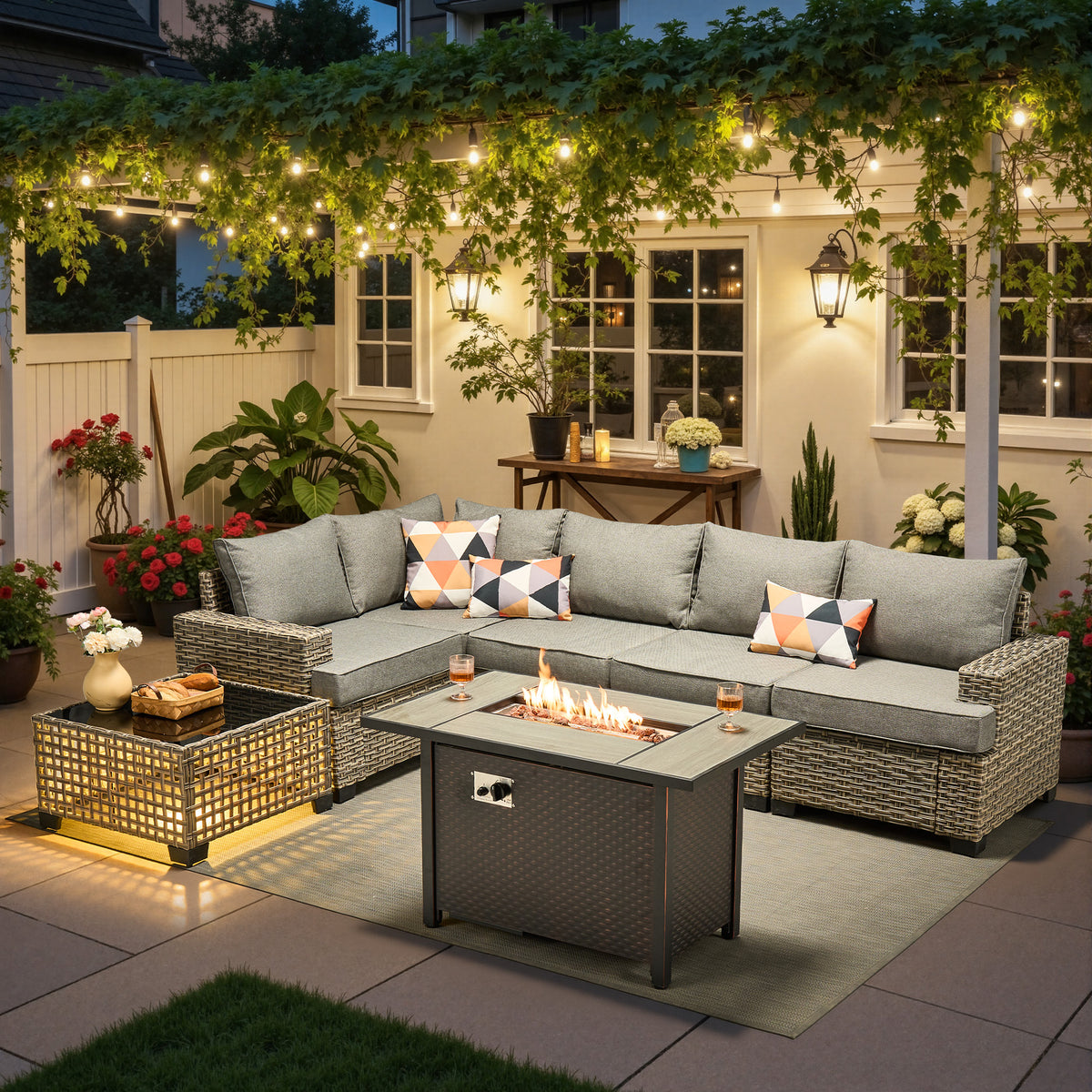 Ovios 7 Pieces Patio Furniture Conversation Set, Wicker Rattan Outdoor Sectional Sofa with Fire Pit Table and Smart Lighted Table