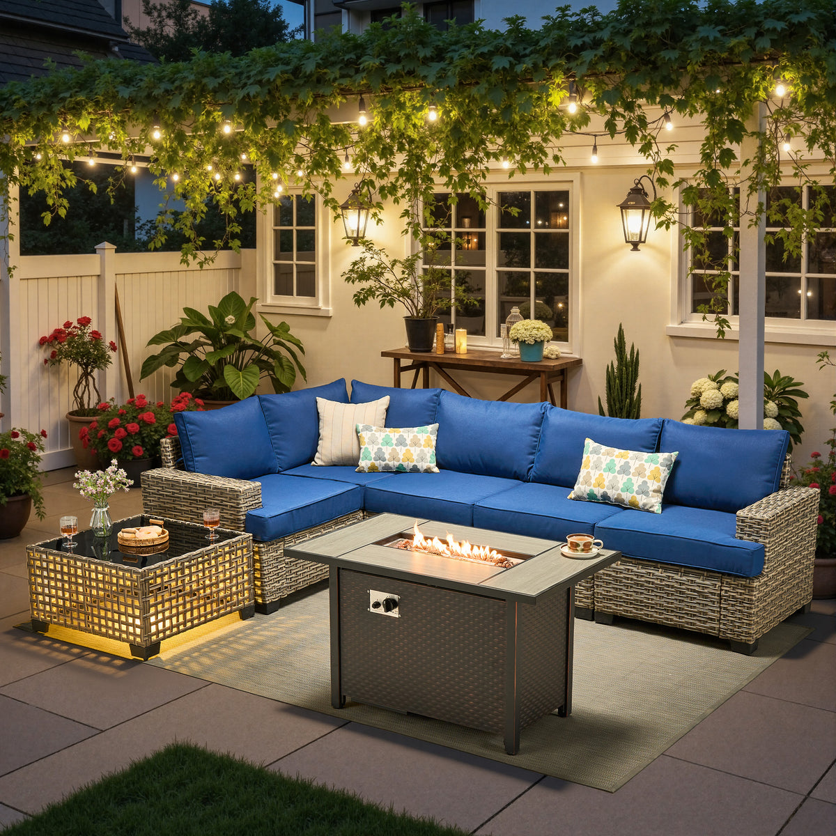 Ovios 7 Pieces Patio Furniture Conversation Set, Wicker Rattan Outdoor Sectional Sofa with Fire Pit Table and Smart Lighted Table