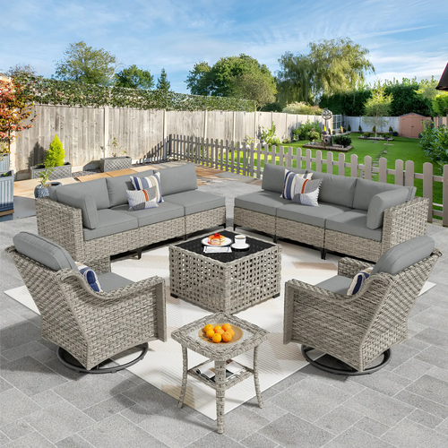 Ovios 10 Pieces Outdoor Patio Furniture Swivel Set with Rocking Chair All-Weather Wicker Conversation Sectional with Solar Lamps Coffee Table for Balcony