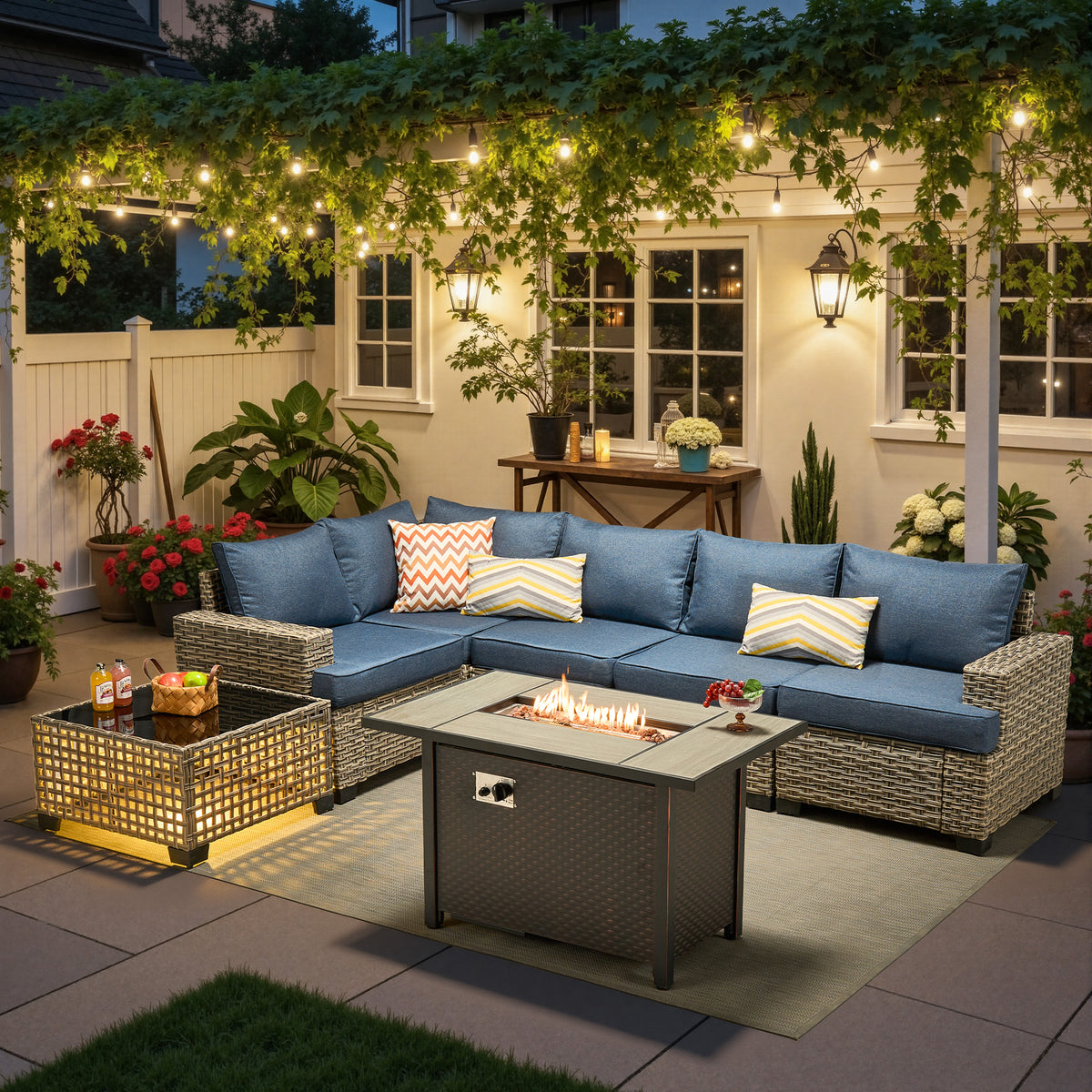 Ovios 7 Pieces Patio Furniture Conversation Set, Wicker Rattan Outdoor Sectional Sofa with Fire Pit Table and Smart Lighted Table
