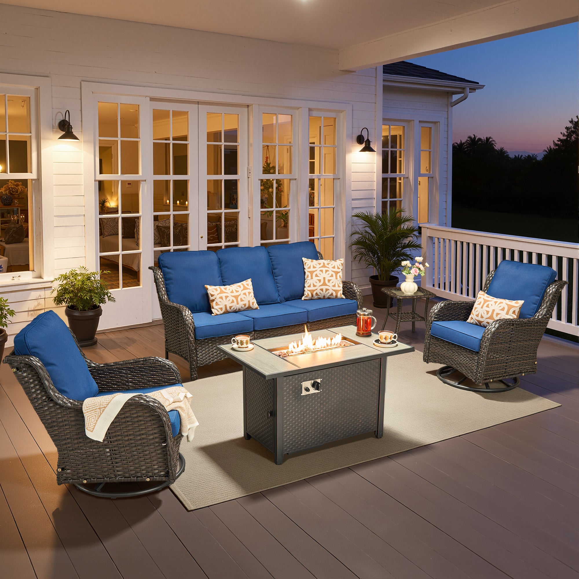 Ovios 5 Piece Outdoor Patio Furniture Set All-Weather Wicker Rattan Conversation Set with High Back Swivel Chairs & Propane Fire Pit Table, Denim Blue
