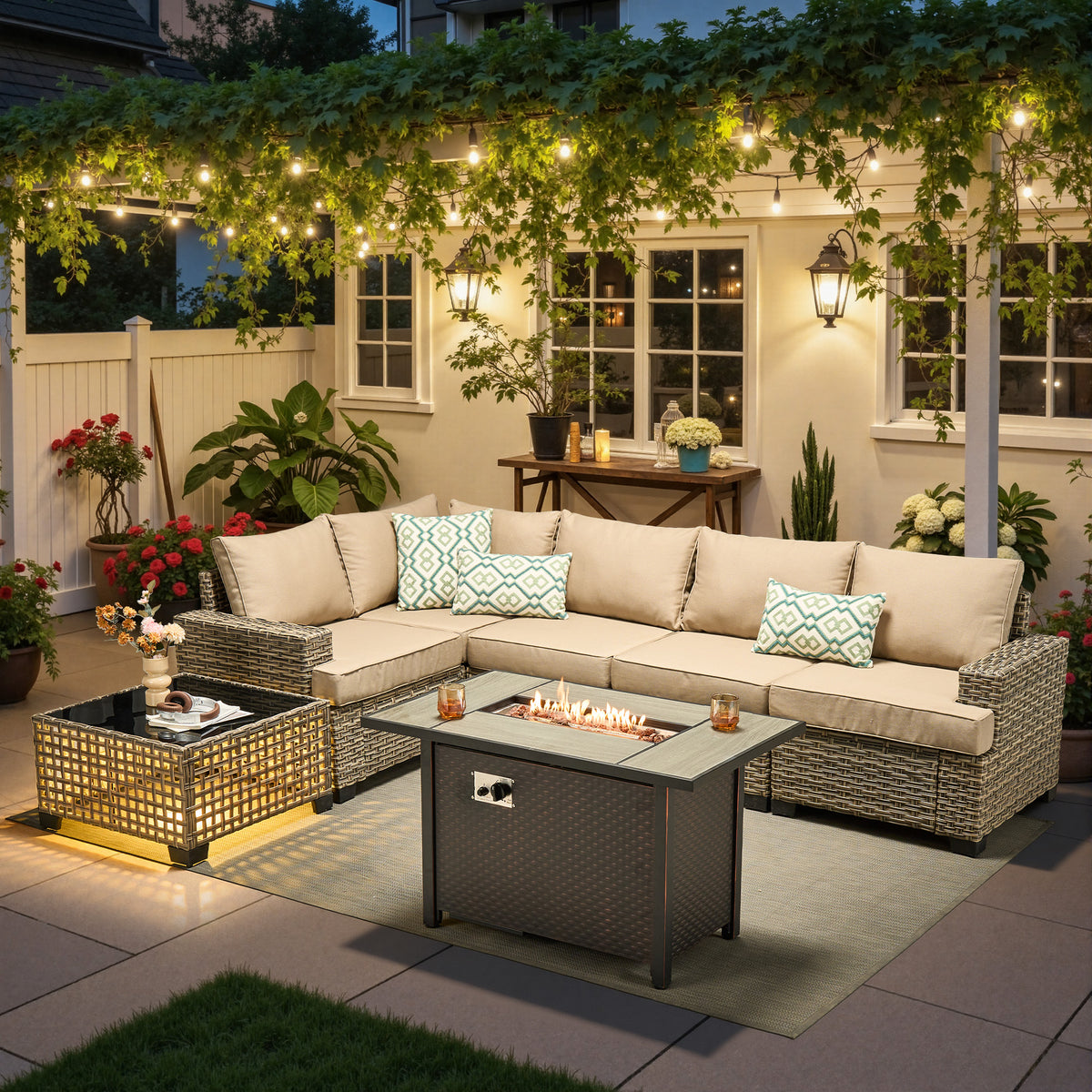 Ovios 7 Pieces Patio Furniture Conversation Set, Wicker Rattan Outdoor Sectional Sofa with Fire Pit Table and Smart Lighted Table