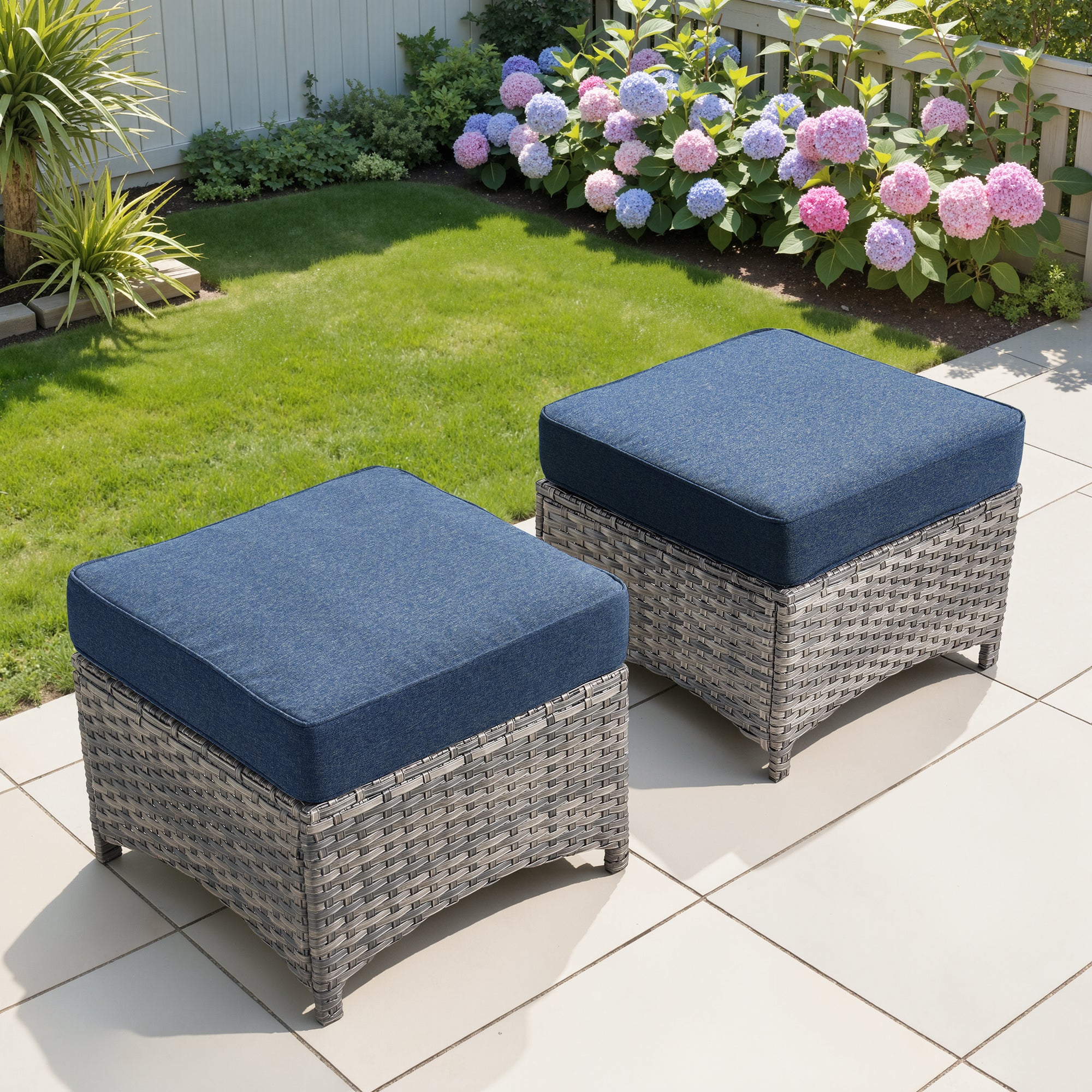 Ovios Outdoor Patio Ottoman with Cushion Wicker Coffee Table Extra Seat for Garden, Backyard, Porch, or Balcony
