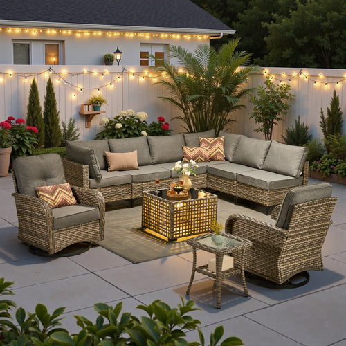 Ovios 10 Pieces Outdoor Patio Furniture All-Weather Wicker Sectional Conversation Set with Swivel Chairs & Solar Coffee Table