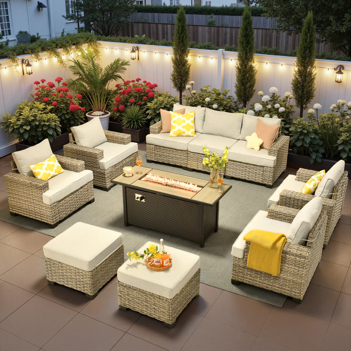 Ovios 10-Piece Outdoor Patio Furniture Set All-Weather Wicker Conversation Set with 54" Propane Fire Pit Table & Ottomans