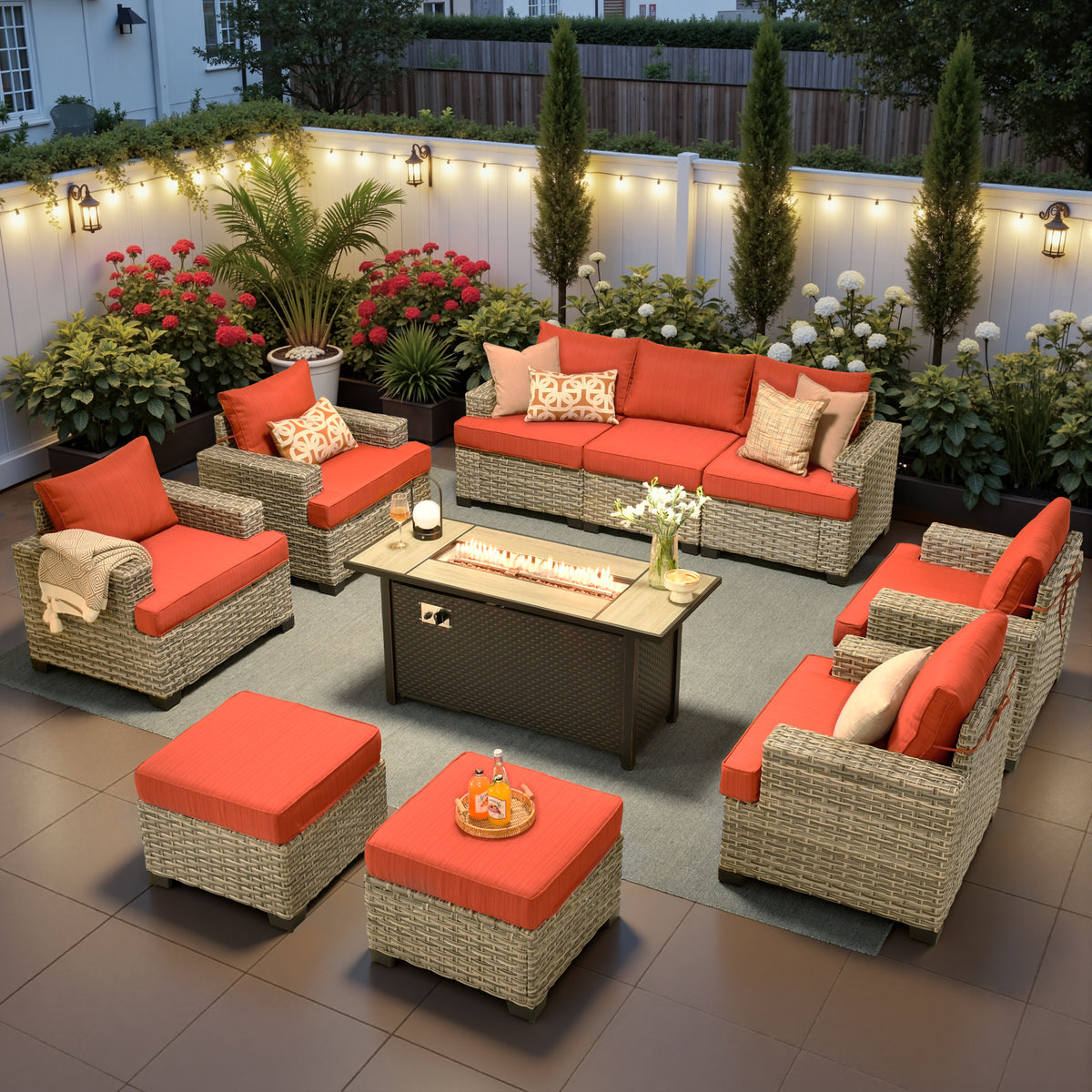 Ovios 10-Piece Outdoor Patio Furniture Set All-Weather Wicker Conversation Set with 54" Propane Fire Pit Table & Ottomans