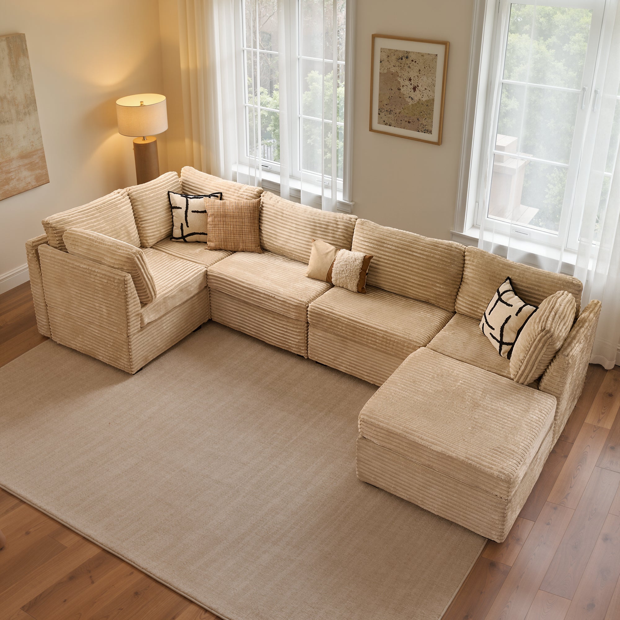 Ovios 127" U-Shaped Sectional Sofa, Oversized Deep Seat Corduroy Modular Couch with Ottoman for Living Room