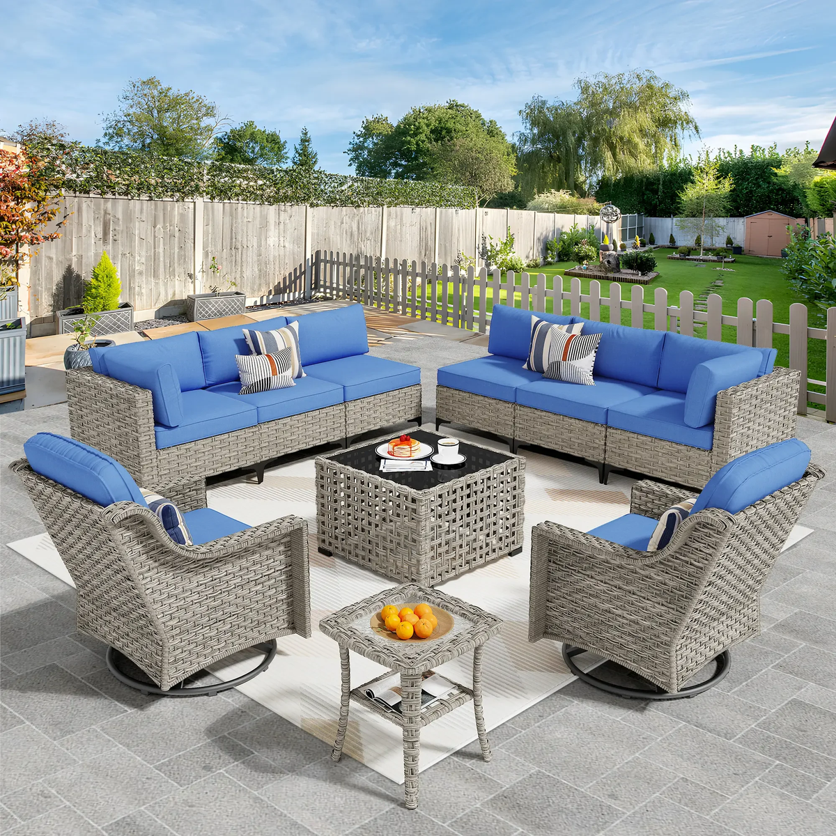 Ovios 10 Pieces Outdoor Patio Furniture Swivel Set with Rocking Chair All-Weather Wicker Conversation Sectional with Solar Lamps Coffee Table for Balcony