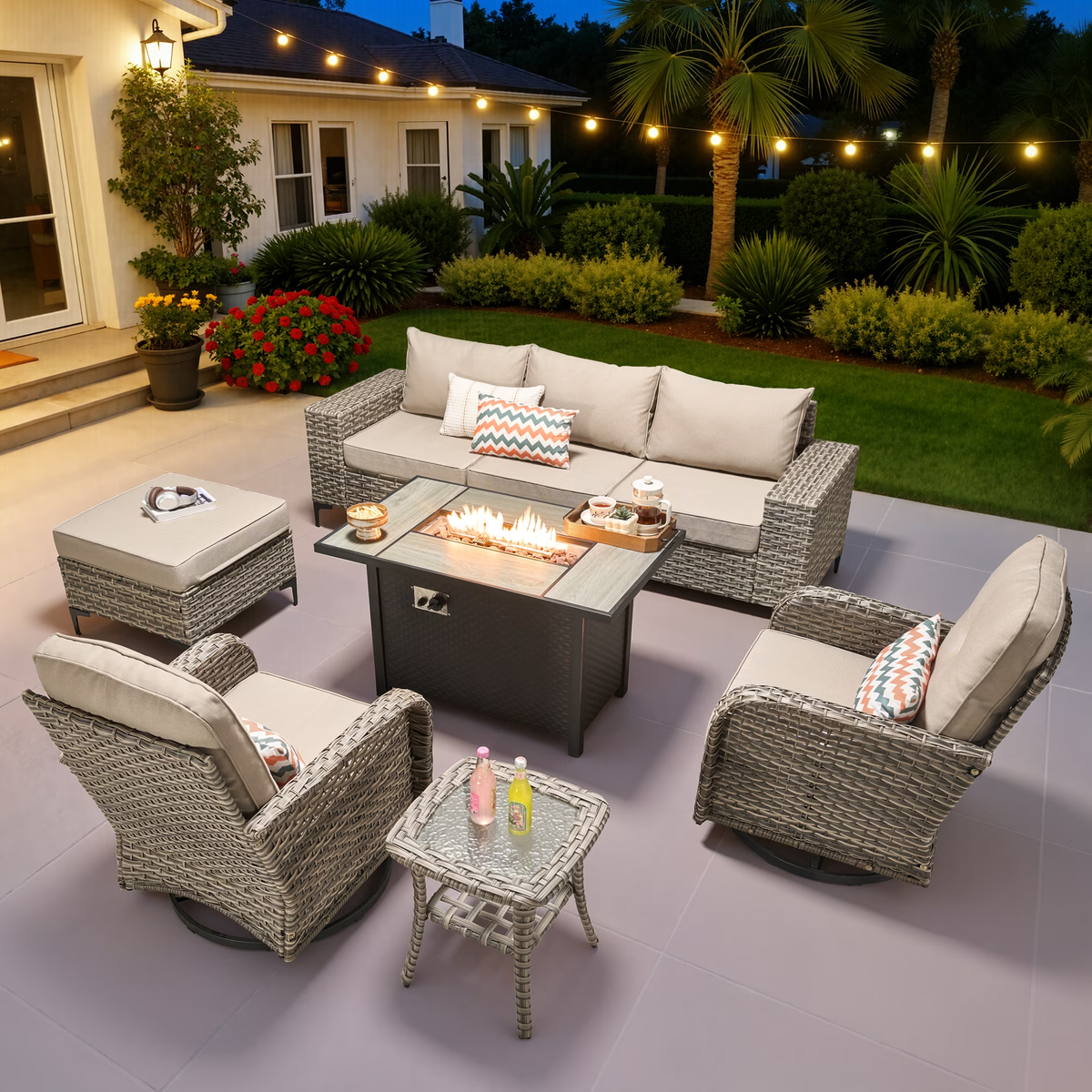 Ovios 8 Pieces Wicker Patio Furniture Sets Outdoor Conversation Sectional Sofa with Swivel Chairs & Fire Pit