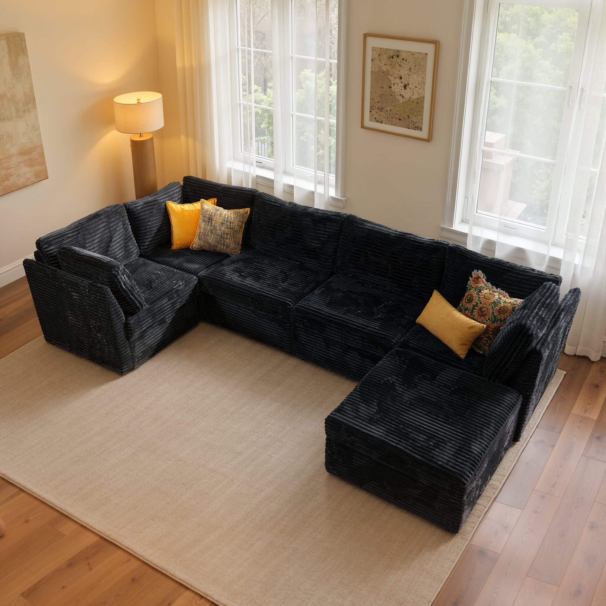 Ovios 127" U-Shaped Sectional Sofa, Oversized Deep Seat Corduroy Modular Couch with Ottoman for Living Room