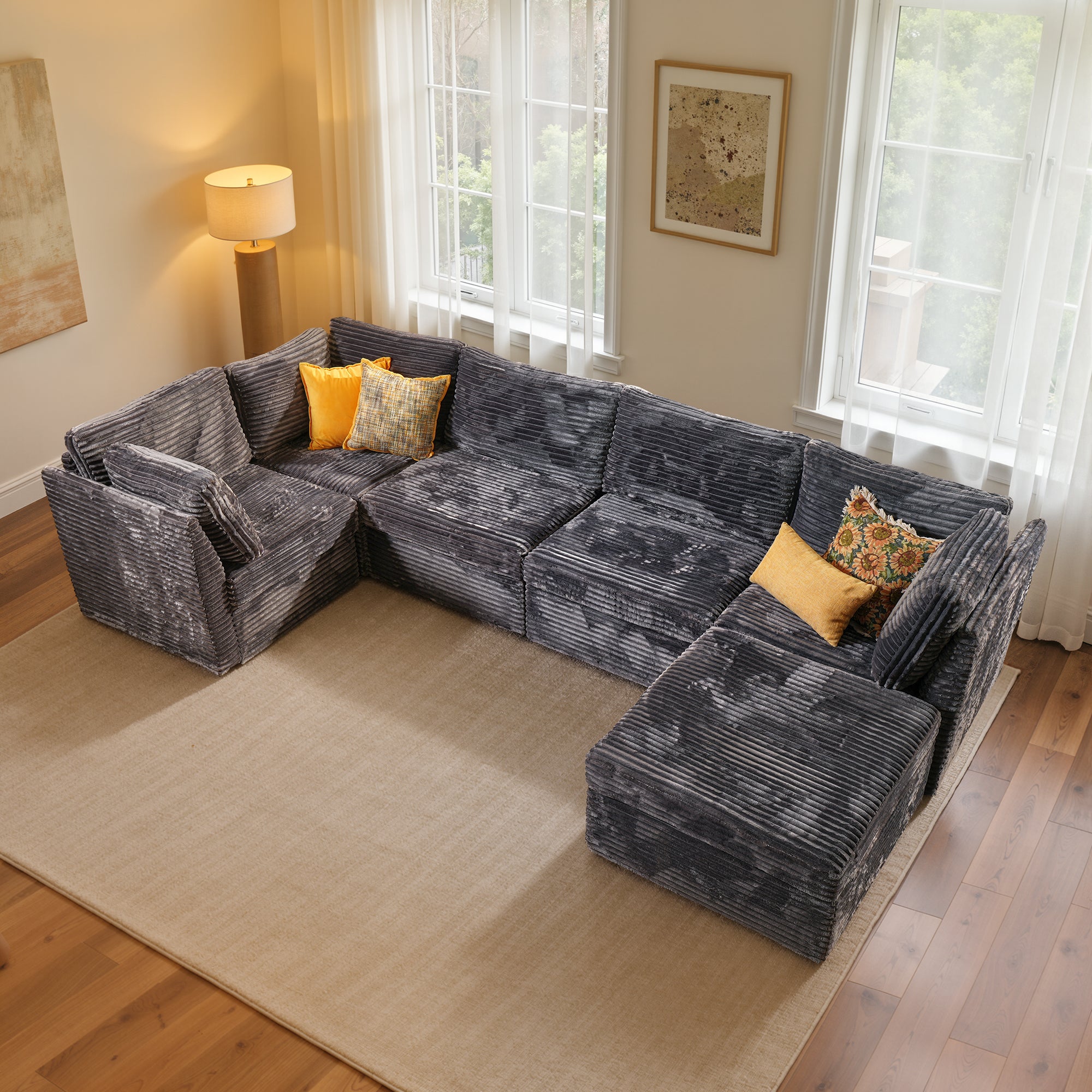 Ovios 127" U-Shaped Sectional Sofa, Oversized Deep Seat Corduroy Modular Couch with Ottoman for Living Room