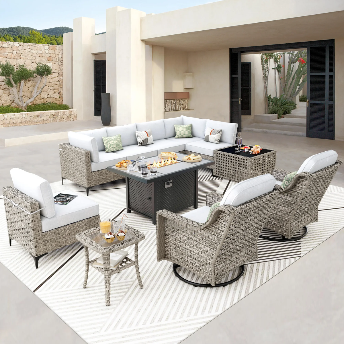Ovios 11 Pieces Outdoor Patio Furniture Set with Gas Propane Firepit Table Wicker Outdoor Conversation Set with Swivel Rocking Chair & Solar Lamps Coffee Table