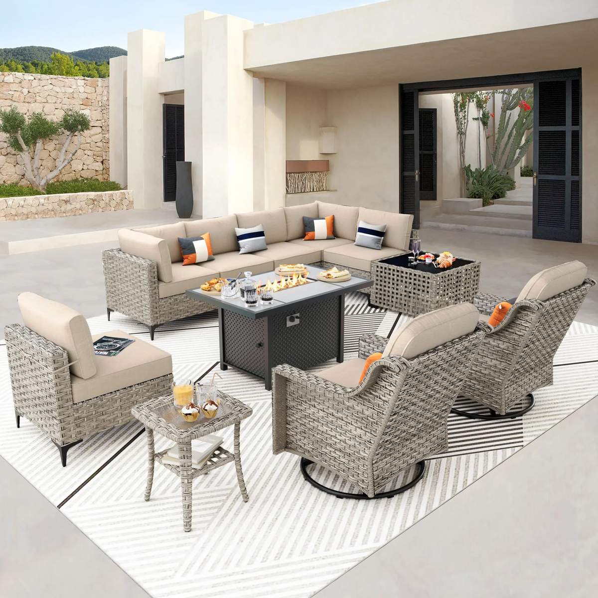 Ovios 11 Pieces Outdoor Patio Furniture Set with Gas Propane Firepit Table Wicker Outdoor Conversation Set with Swivel Rocking Chair & Solar Lamps Coffee Table