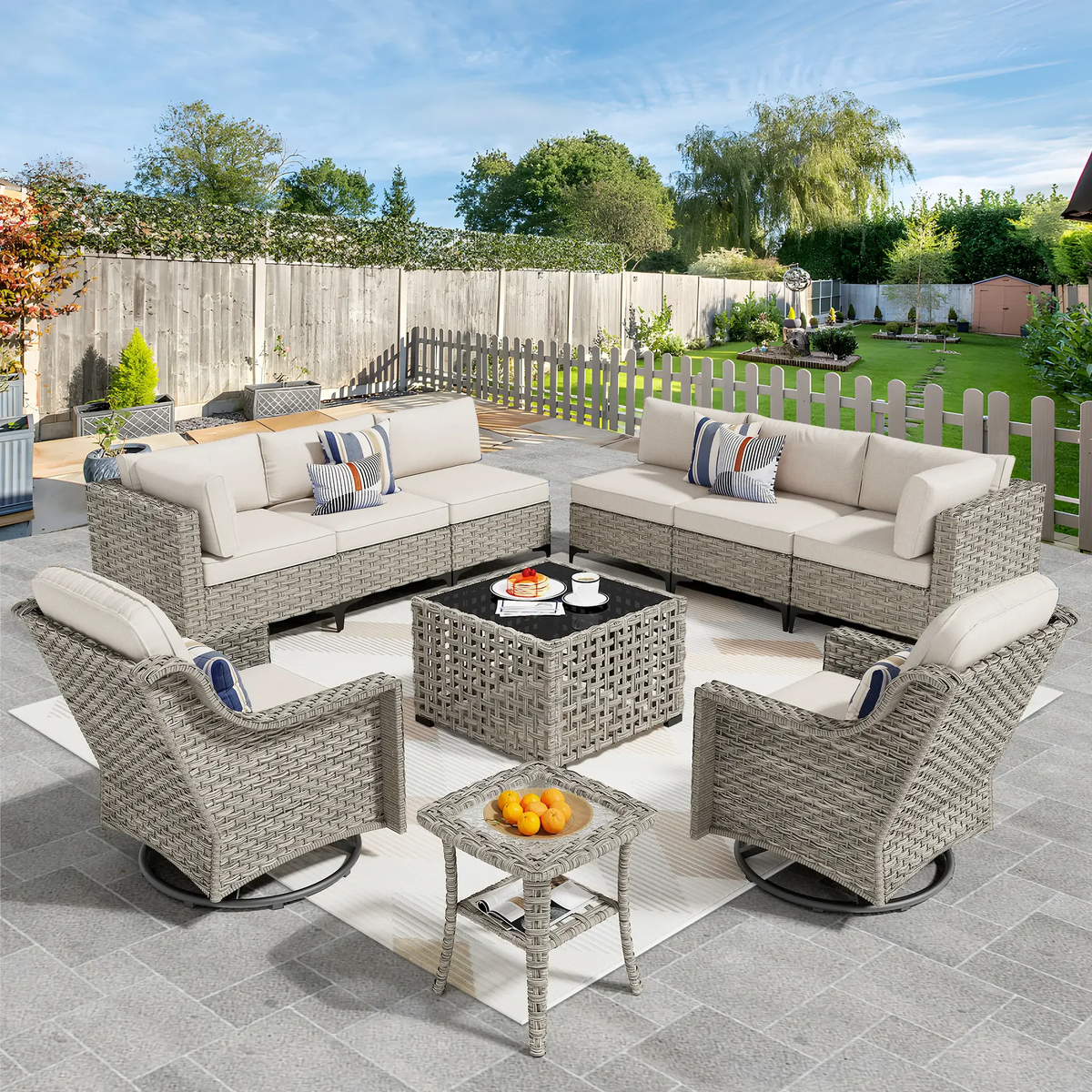 Ovios 10 Pieces Outdoor Patio Furniture Swivel Set with Rocking Chair All-Weather Wicker Conversation Sectional with Solar Lamps Coffee Table for Balcony