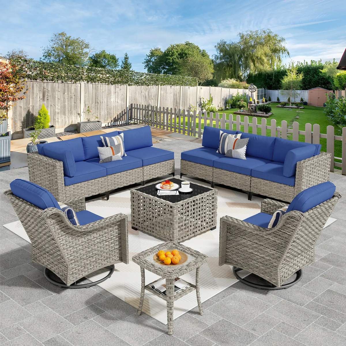 Ovios 10 Pieces Outdoor Patio Furniture Swivel Set with Rocking Chair All-Weather Wicker Conversation Sectional with Solar Lamps Coffee Table for Balcony