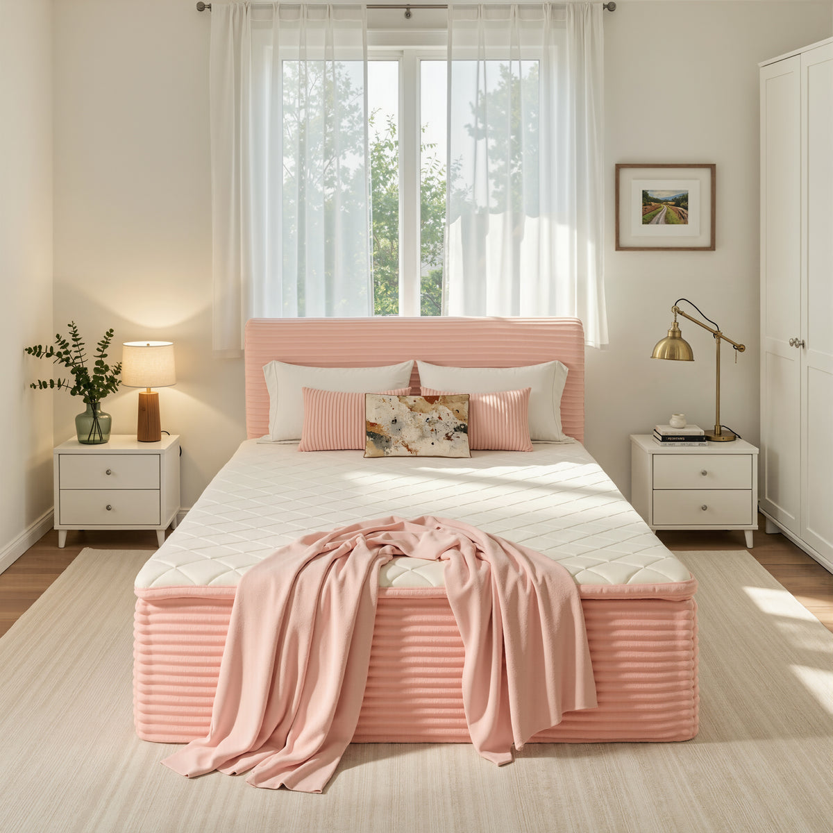 Ovios Boneless Bed 16.7" Medium Firm Plush Corduroy Cloud Upholstered Bed with Mattress, No Assembly