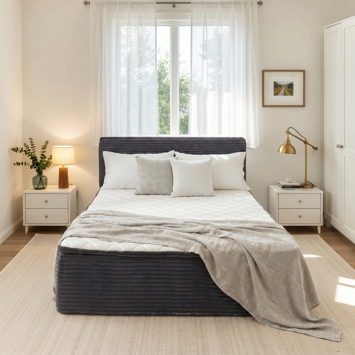 Ovios Boneless Bed 16.7" Medium Firm Plush Corduroy Cloud Upholstered Bed with Mattress, No Assembly