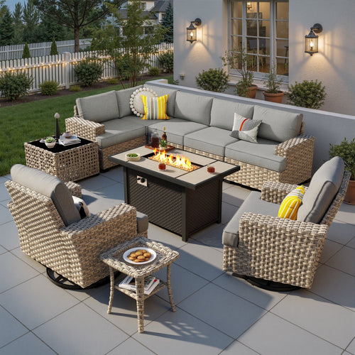 Ovios 10 Pieces Outdoor Patio Furniture Modern High-Back All-Weather Wicker Sectional Conversation Set with Propane Fire Pit Table & Swivel Chair, Dark Gray
