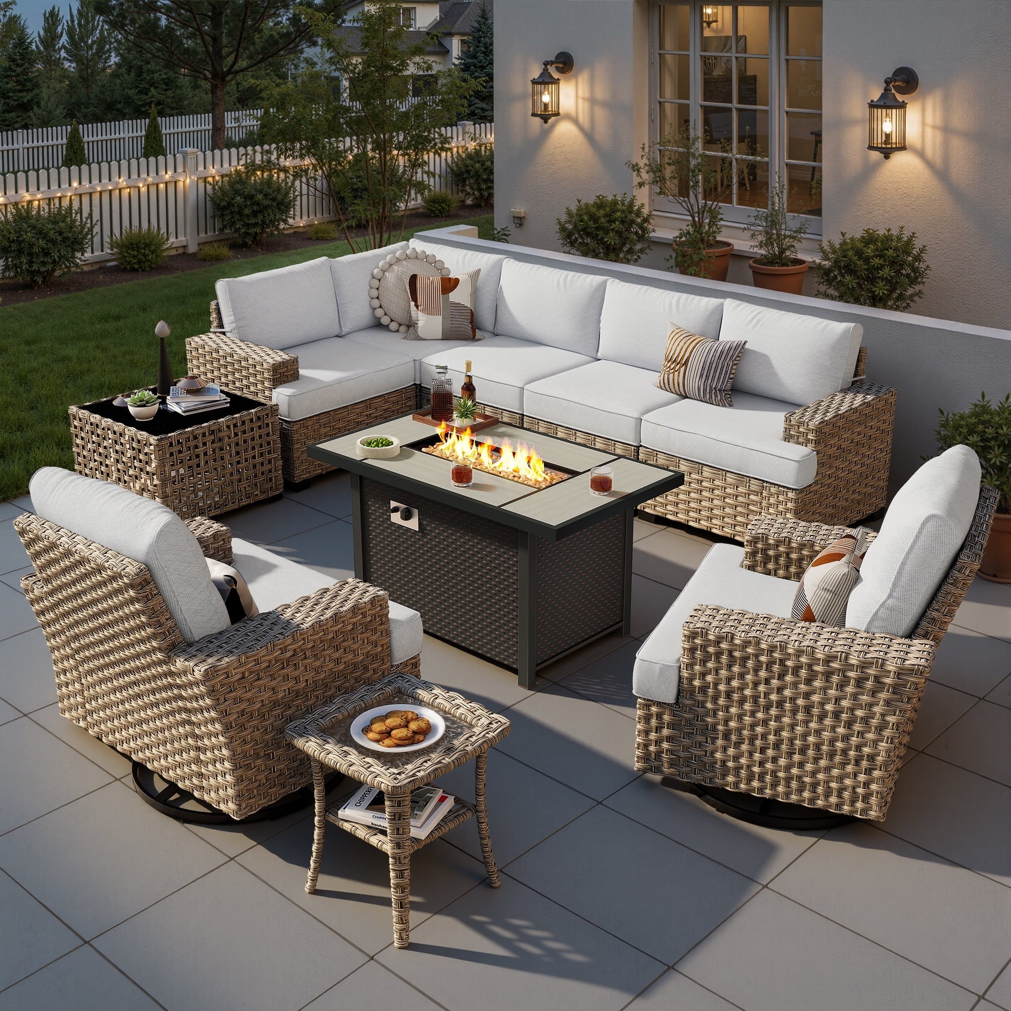 Ovios 10 Pieces Outdoor Patio Furniture Modern High-Back All-Weather Wicker Sectional Conversation Set with Propane Fire Pit Table & Swivel Chair, Gray