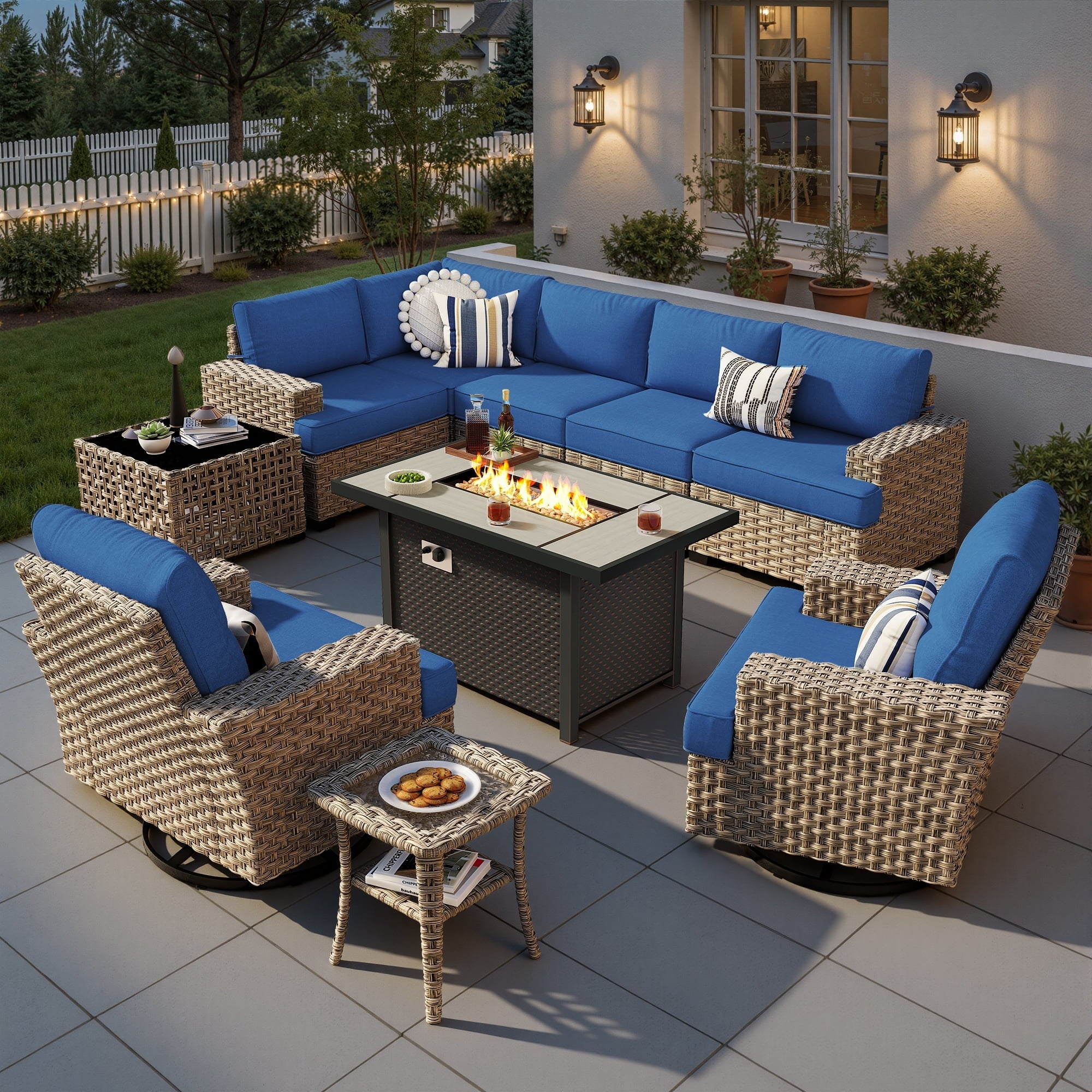 Ovios 10 Pieces Outdoor Patio Furniture Modern High-Back All-Weather Wicker Sectional Conversation Set with Propane Fire Pit Table & Swivel Chair, Navy Blue
