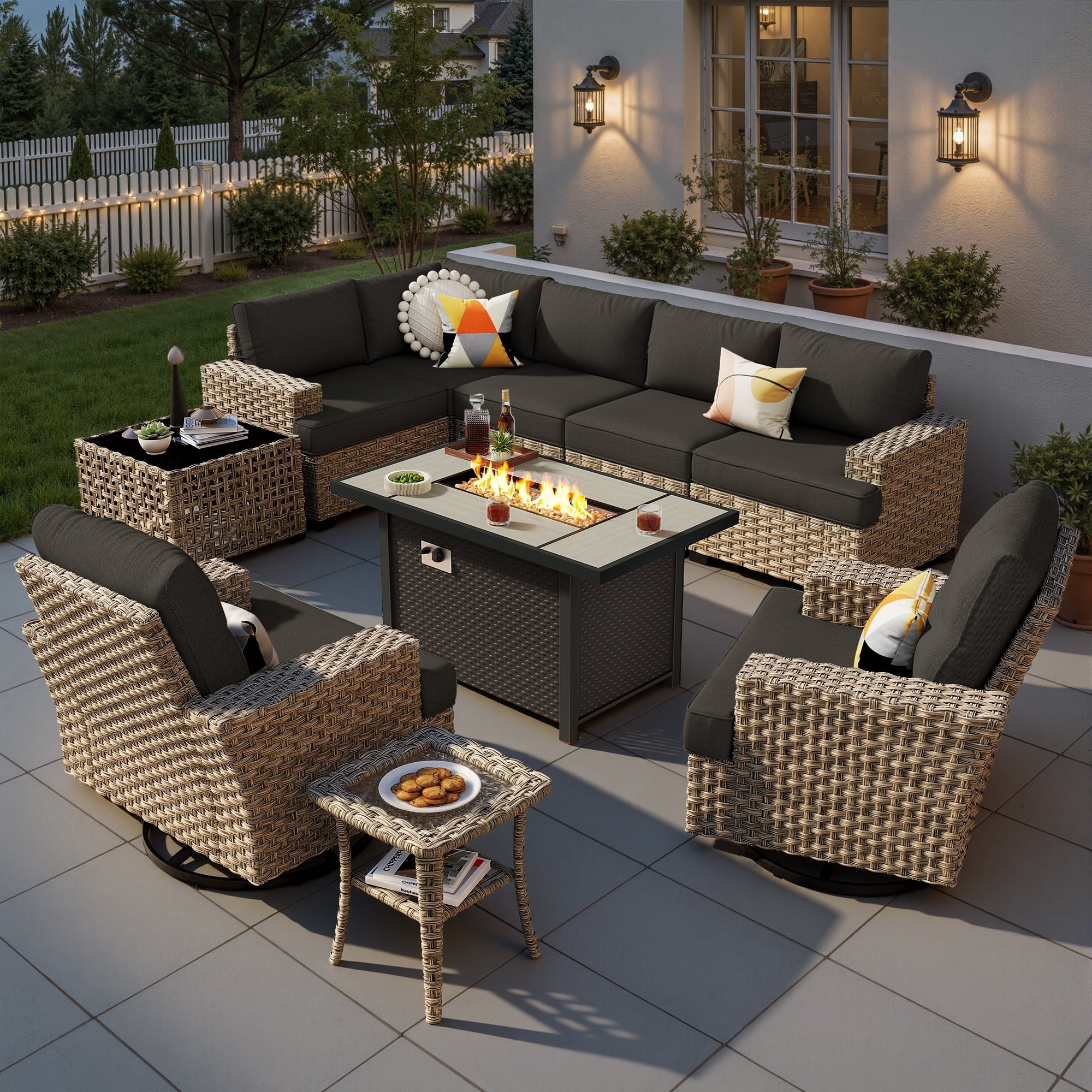 Ovios 10 Pieces Outdoor Patio Furniture Modern High-Back All-Weather Wicker Sectional Conversation Set with Propane Fire Pit Table & Swivel Chair, Black