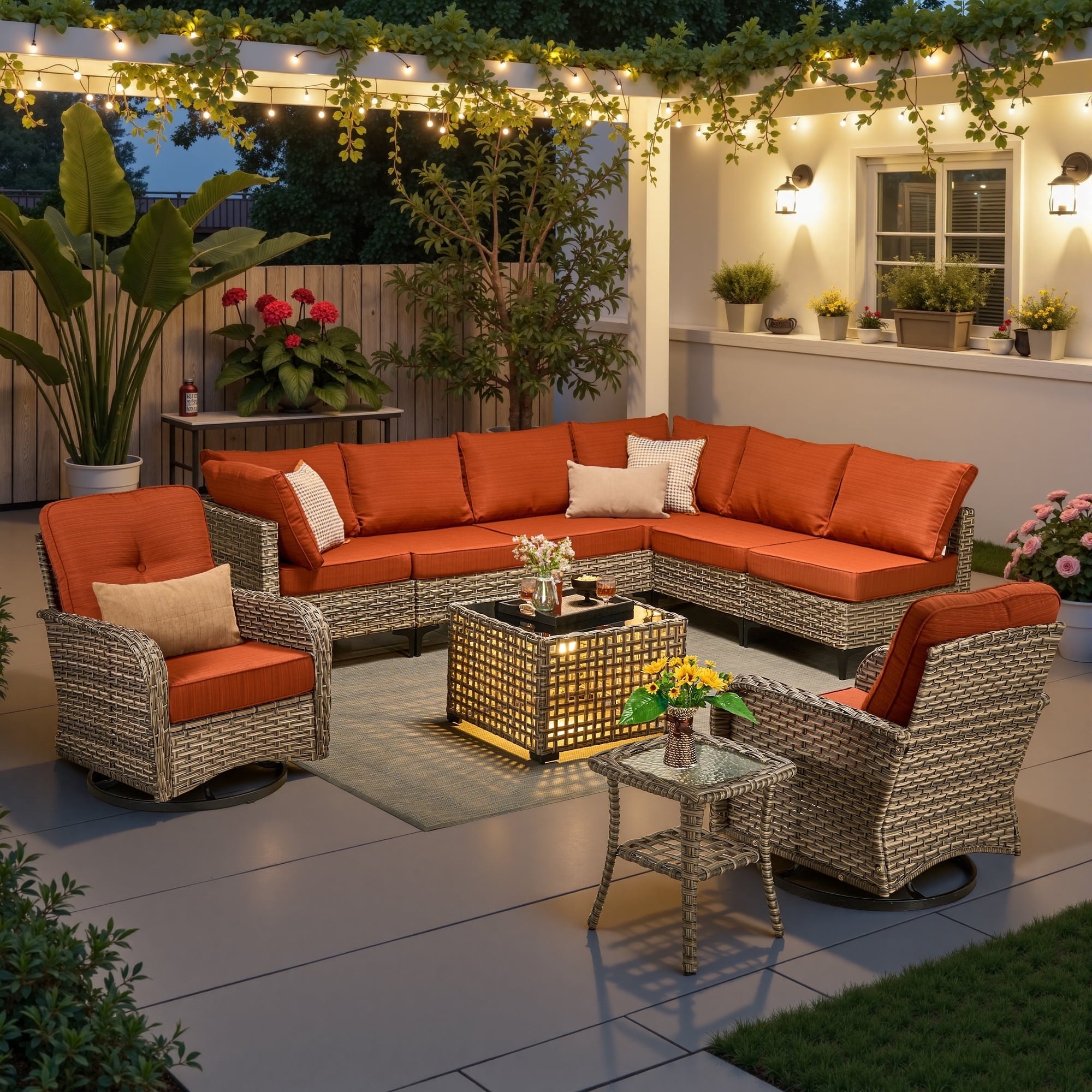 Ovios 10 Pieces Outdoor Patio Furniture All-Weather Wicker Sectional Conversation Set with Swivel Chairs & Solar Coffee Table