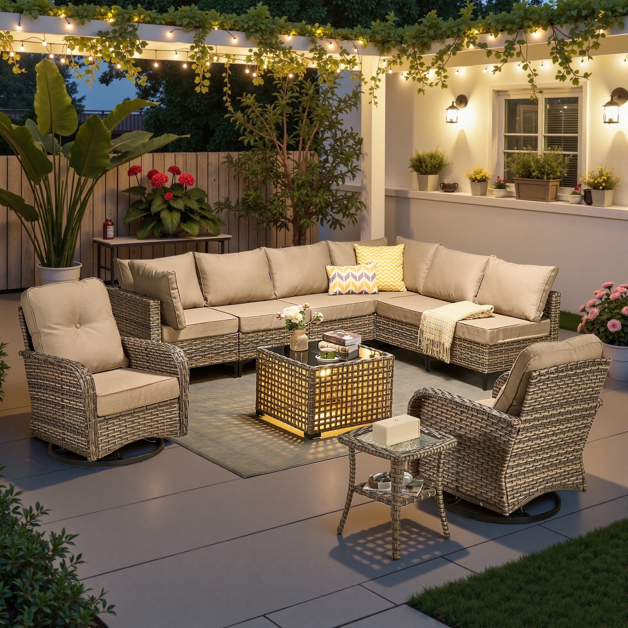 Ovios 10 Pieces Outdoor Patio Furniture All-Weather Wicker Sectional Conversation Set with Swivel Chairs & Solar Coffee Table