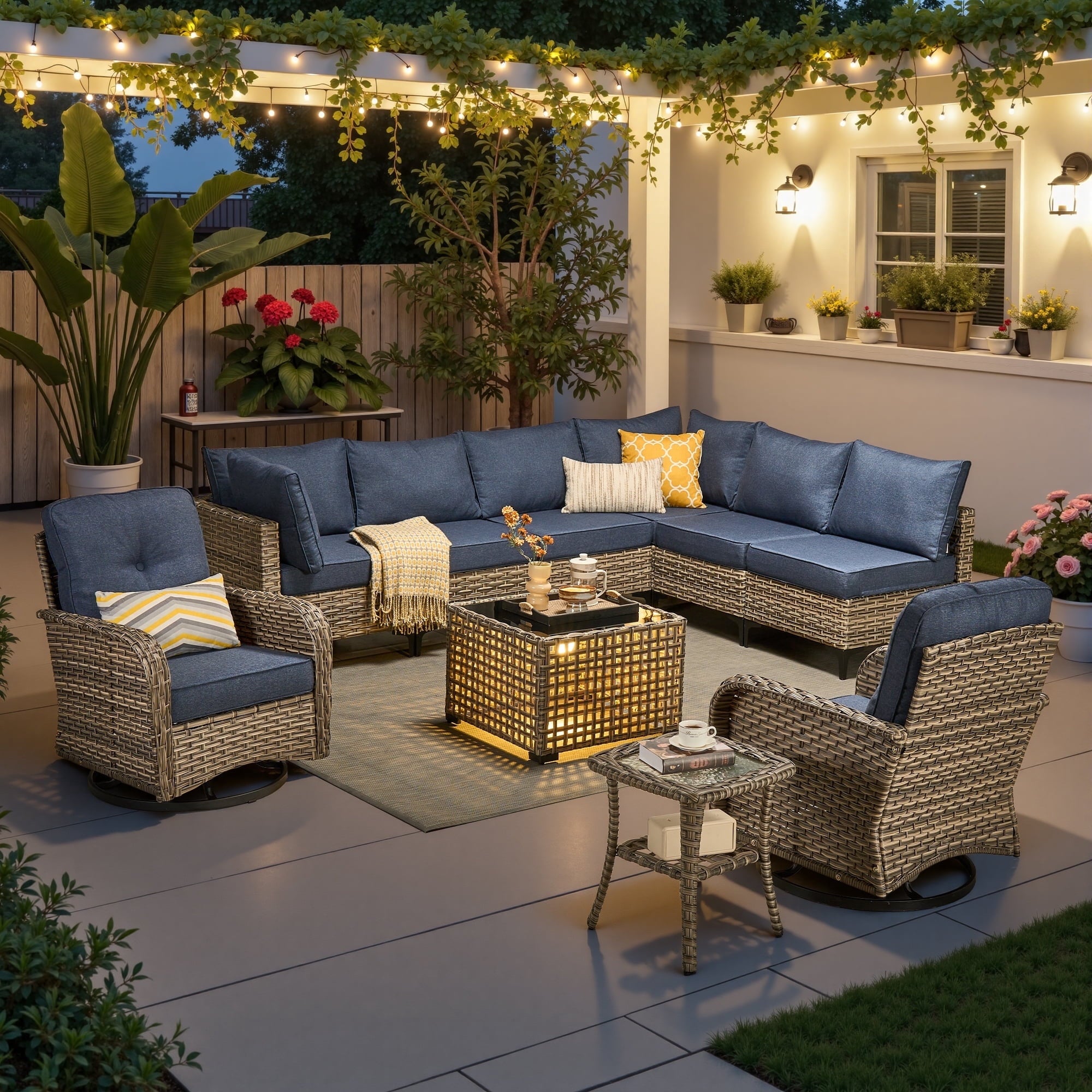 Ovios 10 Pieces Outdoor Patio Furniture All-Weather Wicker Sectional Conversation Set with Swivel Chairs & Solar Coffee Table