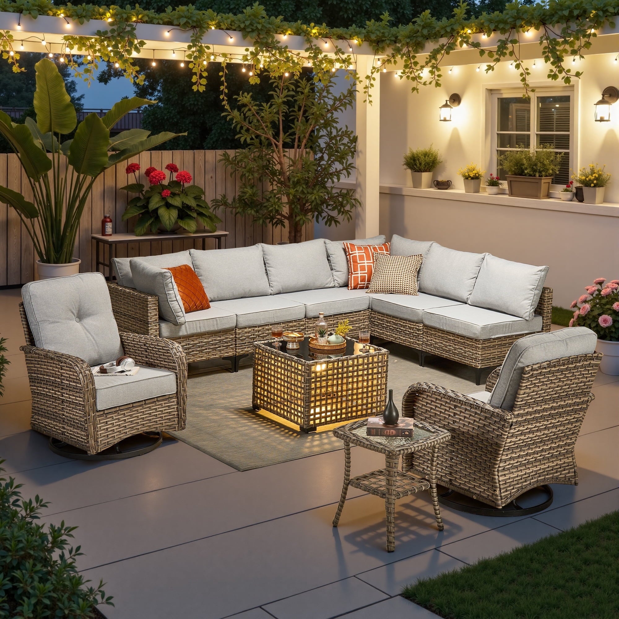 Ovios 10 Pieces Outdoor Patio Furniture All-Weather Wicker Sectional Conversation Set with Swivel Chairs & Solar Coffee Table