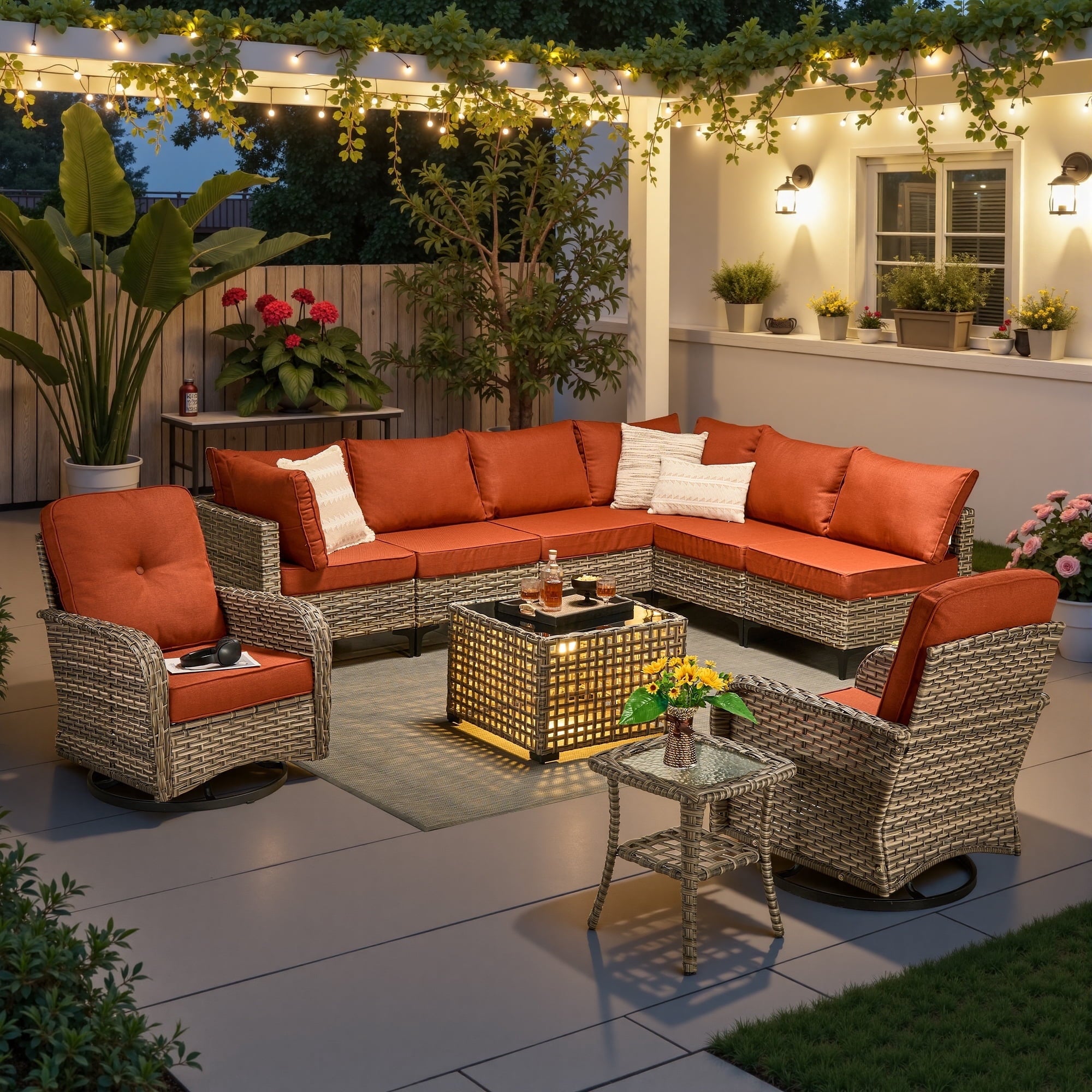 Ovios 10 Pieces Outdoor Patio Furniture All-Weather Wicker Sectional Conversation Set with Swivel Chairs & Solar Coffee Table