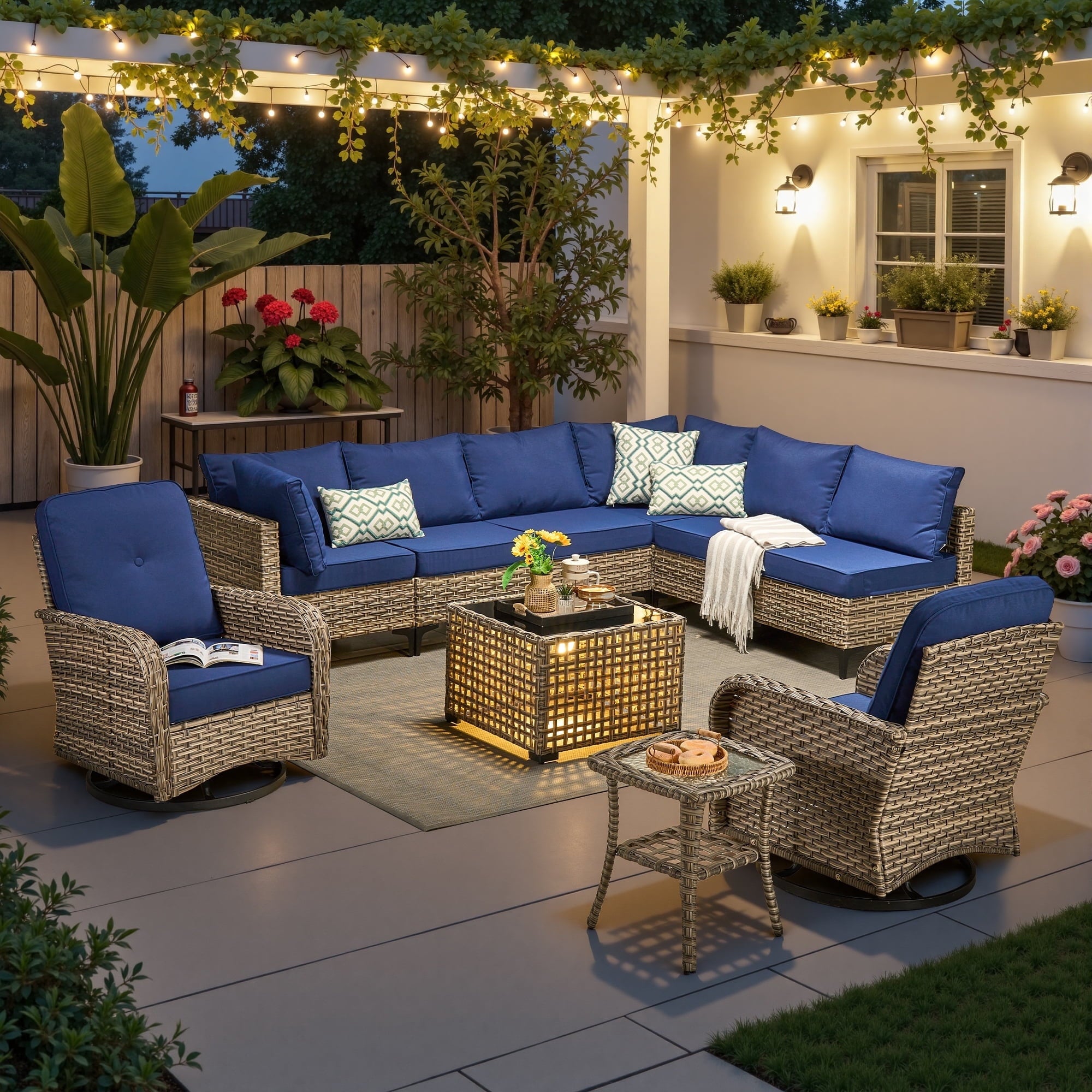 Ovios 10 Pieces Outdoor Patio Furniture All-Weather Wicker Sectional Conversation Set with Swivel Chairs & Solar Coffee Table