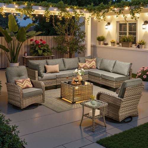 Ovios 10 Pieces Outdoor Patio Furniture All-Weather Wicker Sectional Conversation Set with Swivel Chairs & Solar Coffee Table