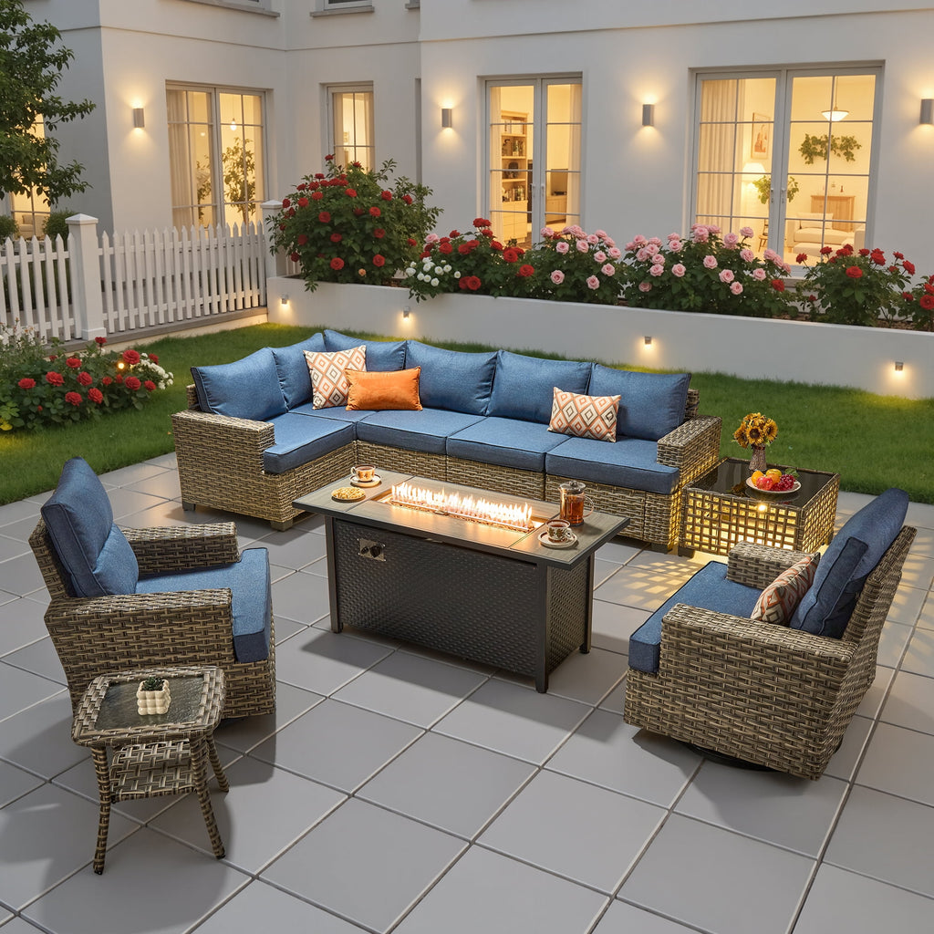 Ovios 10 Pieces Outdoor Patio Sectional Furniture with 54 inch Fire Pit Table All-Weather Wicker Conversation Set with Swivel Chairs,Smart Table