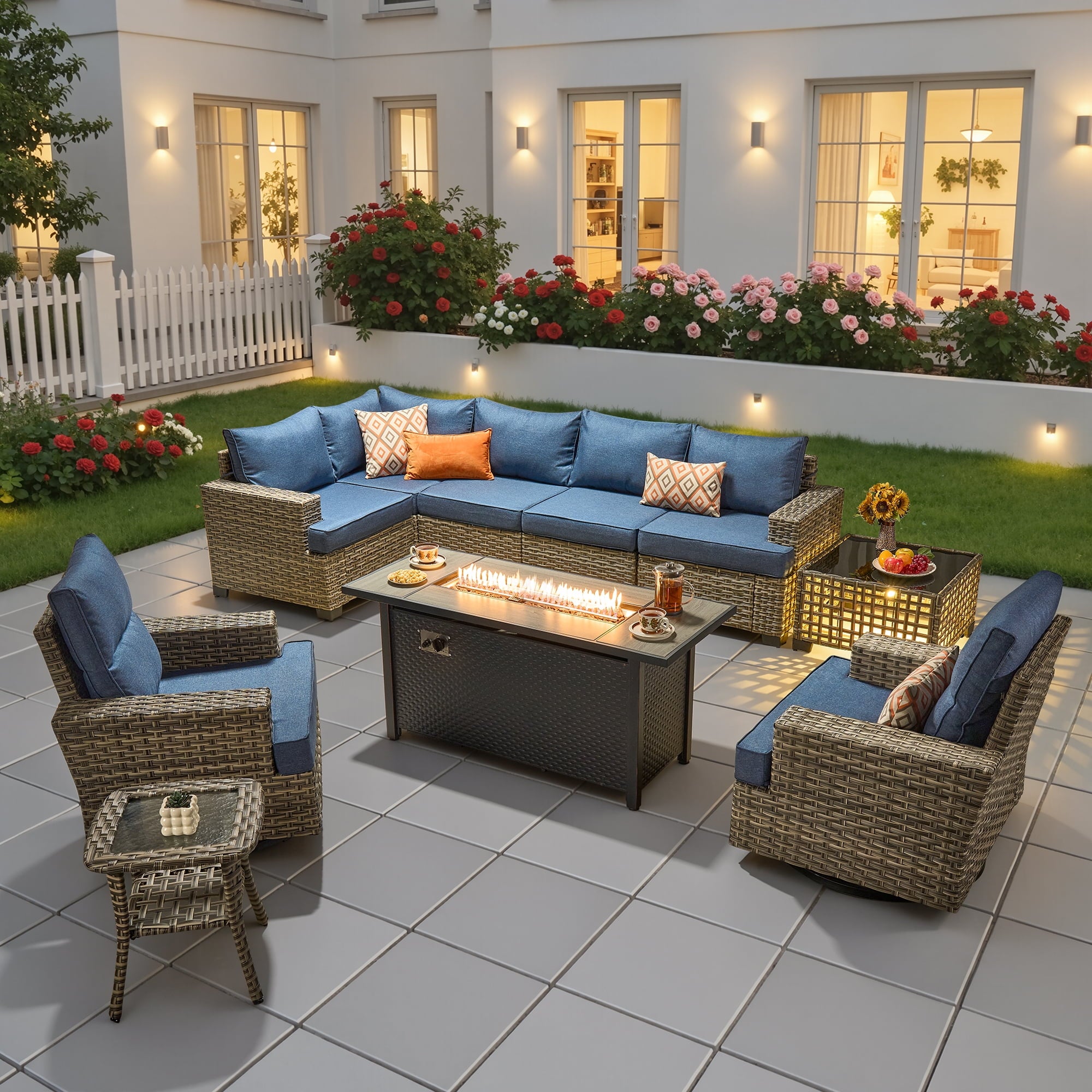Ovios 10 Pieces Outdoor Patio Sectional Furniture with 54 inch Fire Pit Table All-Weather Wicker Conversation Set with Swivel Chairs,Smart Table