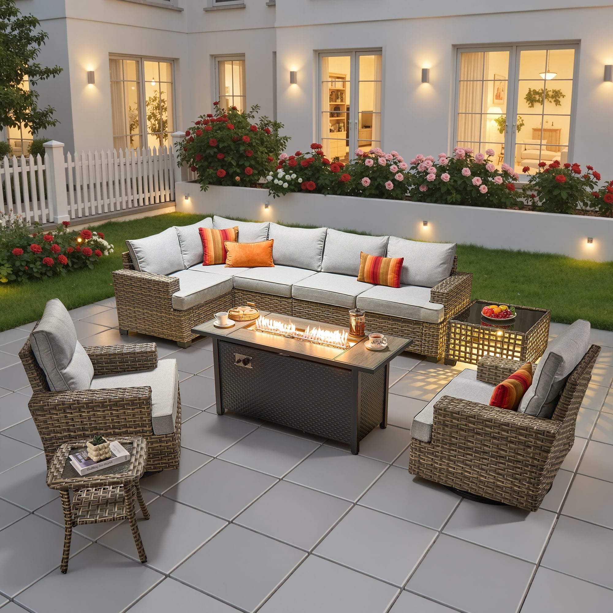 Ovios 10 Pieces Outdoor Patio Sectional Furniture with 54 inch Fire Pit Table All-Weather Wicker Conversation Set with Swivel Chairs,Smart Table
