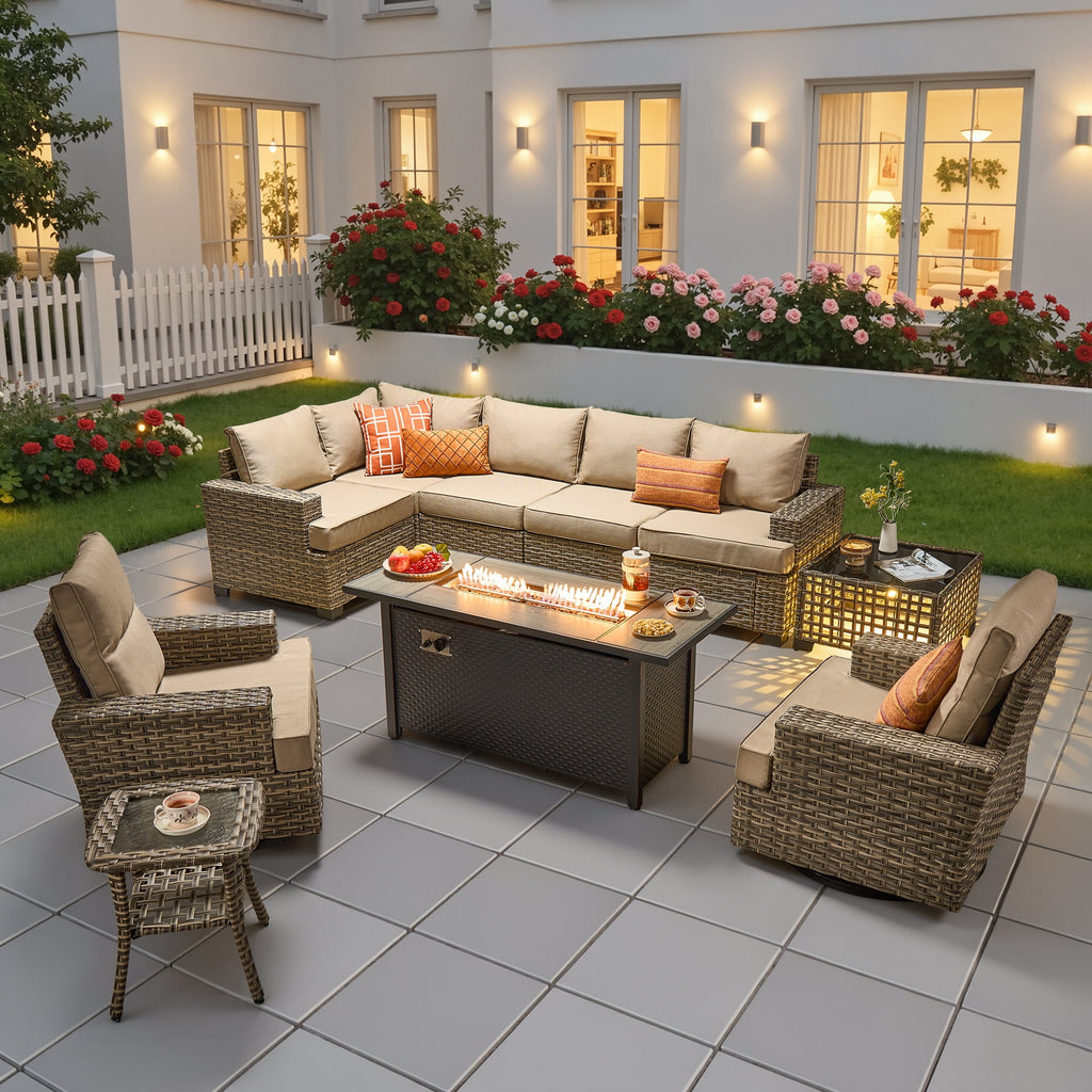 Ovios 10 Pieces Outdoor Patio Sectional Furniture with 54 inch Fire Pit Table All-Weather Wicker Conversation Set with Swivel Chairs,Smart Table