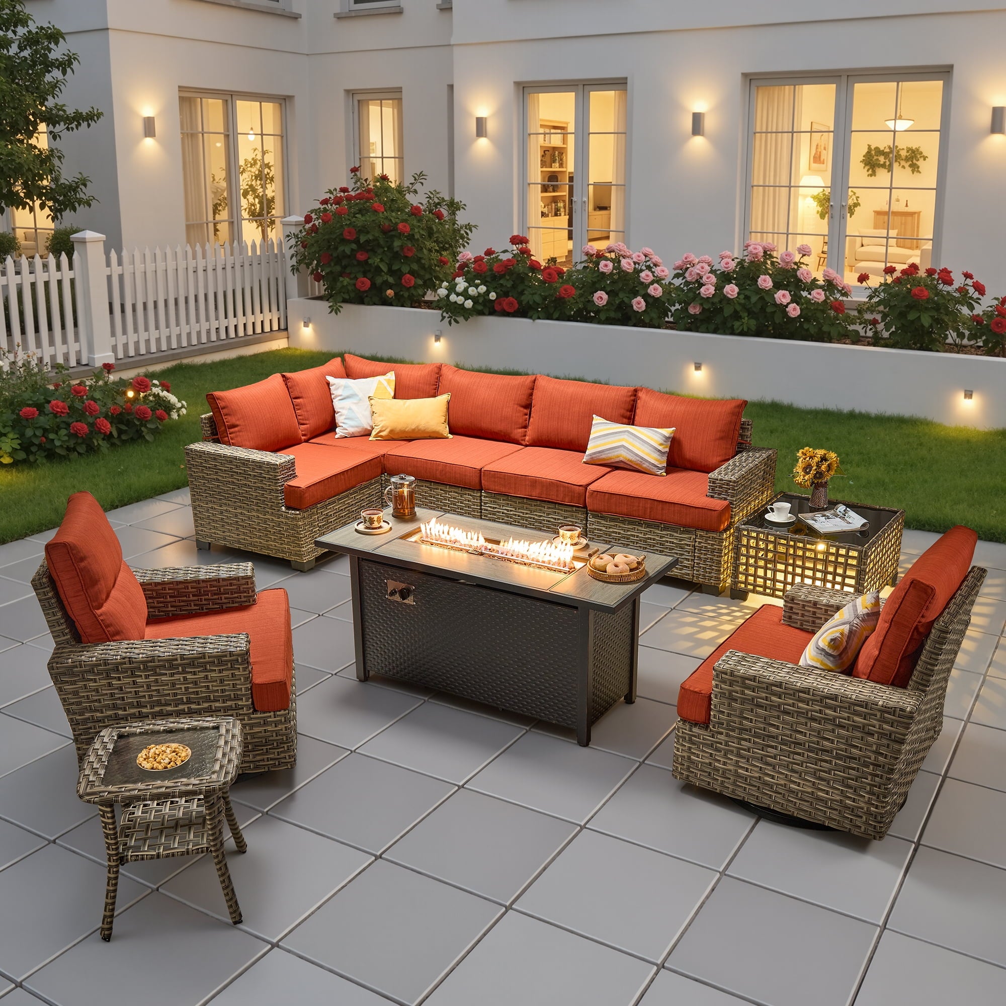 Ovios 10 Pieces Outdoor Patio Sectional Furniture with 54 inch Fire Pit Table All-Weather Wicker Conversation Set with Swivel Chairs,Smart Table